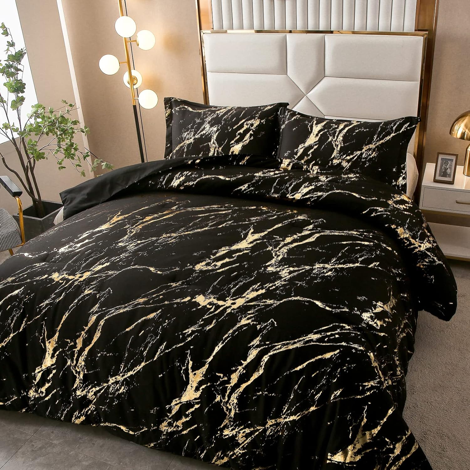 Black Gold Metallic Marble Comforter Set - Queen Size 3-Piece Bedding with Foil Print Glitter | Luxury Bedroom Decor for Modern Homes & Guest Rooms