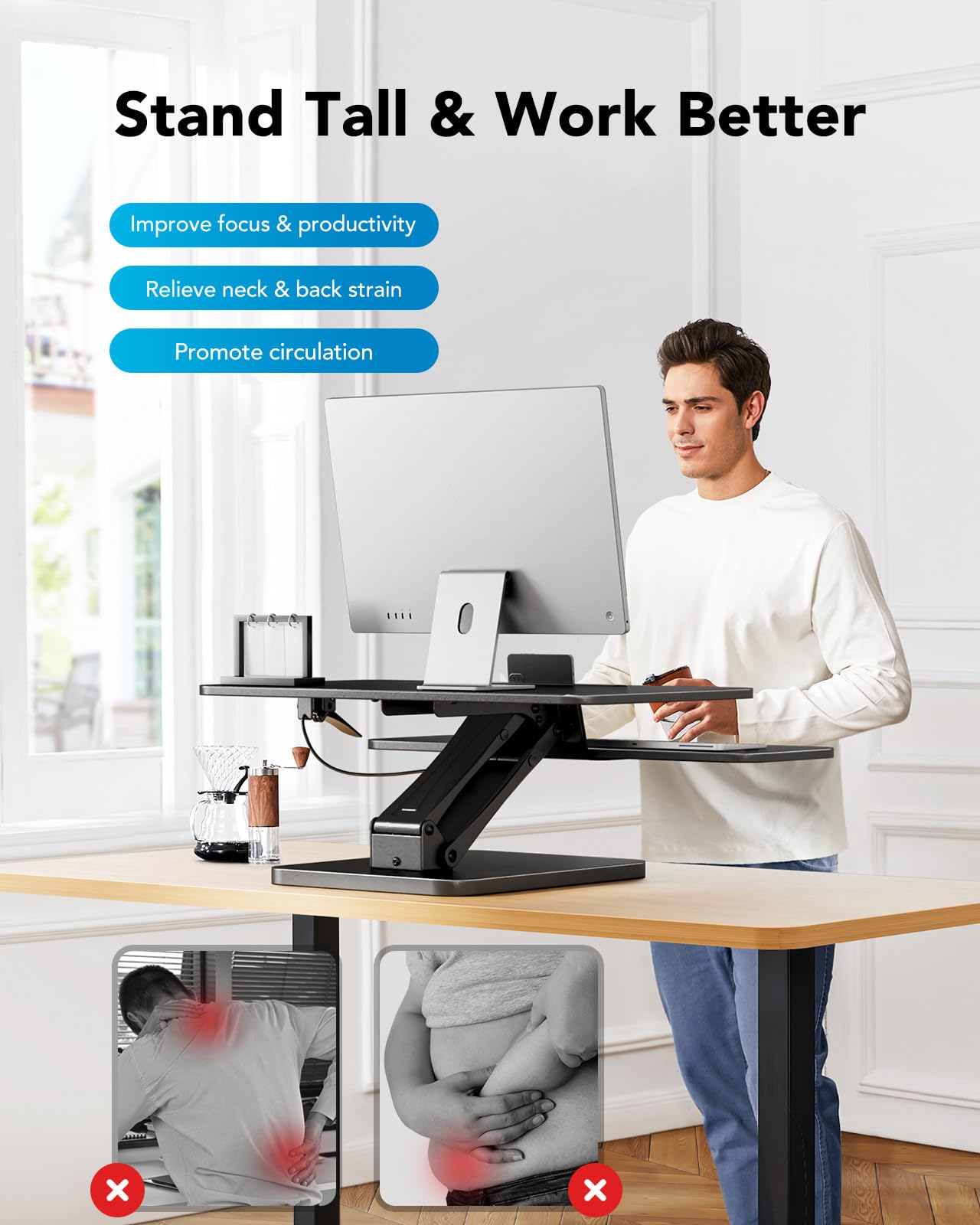 HUANUO 32 Inch Adjustable Standing Desk Converter - Ergonomic Sit Stand Desk Riser with Spacious Keyboard Tray for Home Office, Dual Monitor & Laptop Workstation | Perfect for Remote Work, Gaming & Study (Black)
