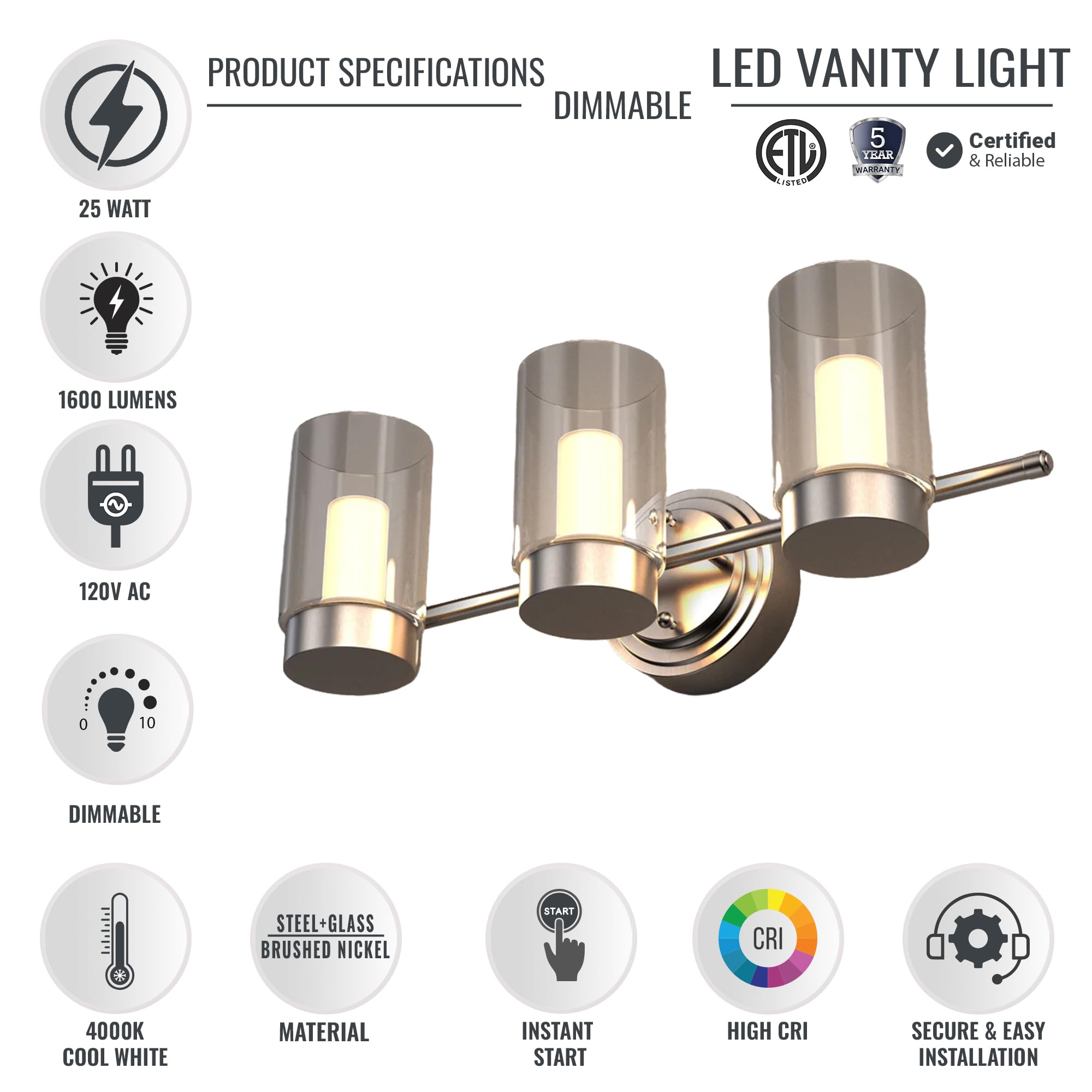 LEDMyplace 3-Light Modern LED Bathroom Vanity Light - 25W, 4000K Cool White, 1600 Lumens, Dimmable Wall Lamp with Brushed Nickel Finish & Clear Glass Shade - Perfect for Bathroom Mirror Lighting, Living Room Accent, and Home Decoration