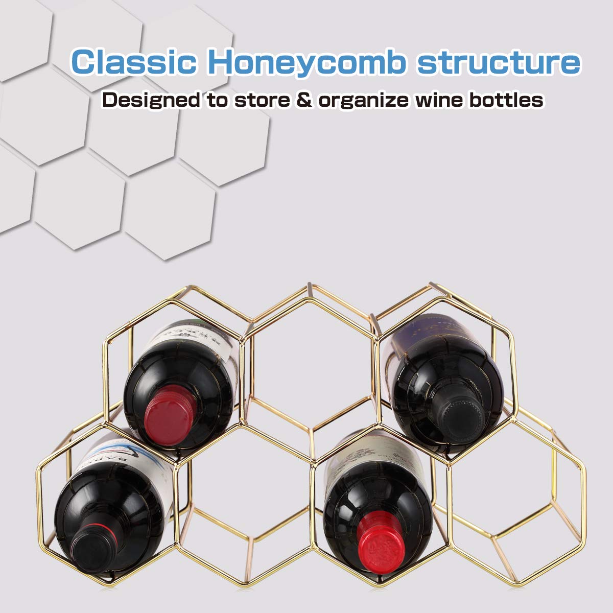 Buruis 9-Bottle Countertop Wine Rack - Honeycomb Metal Wine Holder & Organizer for Red & White Wines - Gold Kitchen Bar Essential for Home, Restaurant & Party Serving