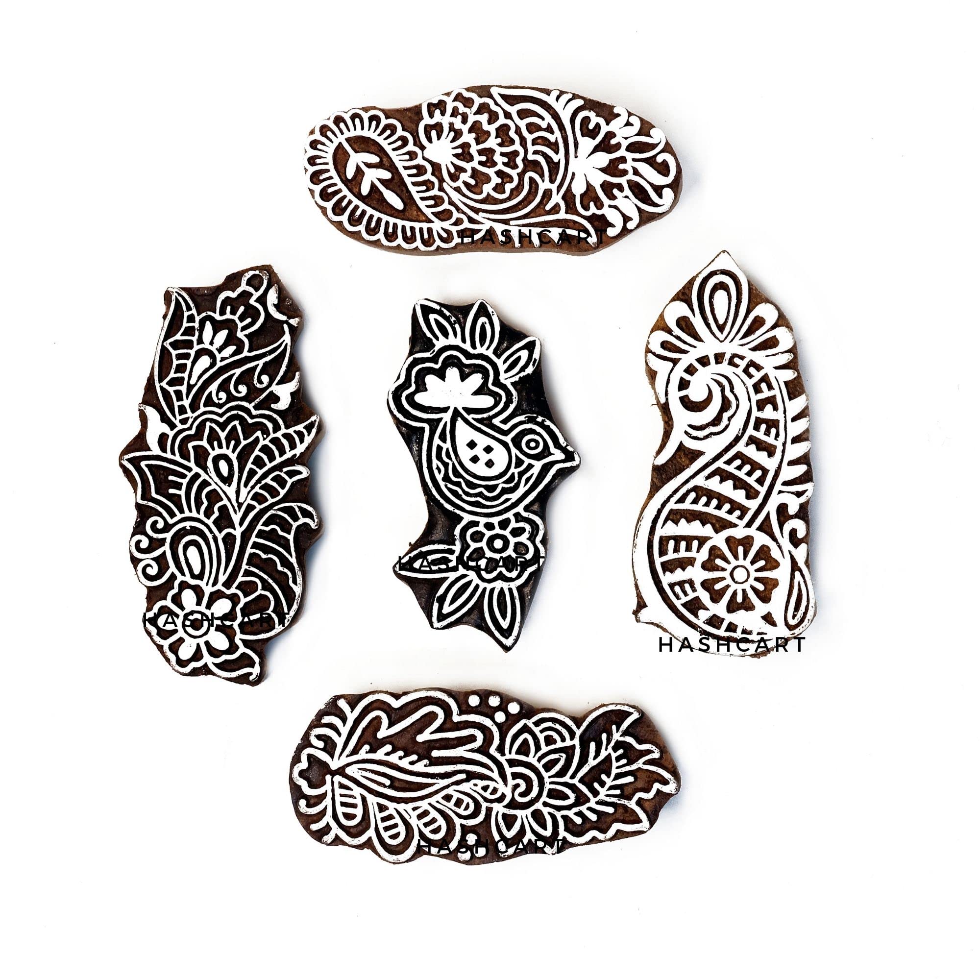 Handcrafted Wooden Block Printing Stamps Set of 5 - DIY Art Supplies for Saree Borders, Textiles, Clay, Pottery & Tattoo Designs - Perfect for Kids' Art Projects, Home Decor & Crafting Activities - HASHCART®
