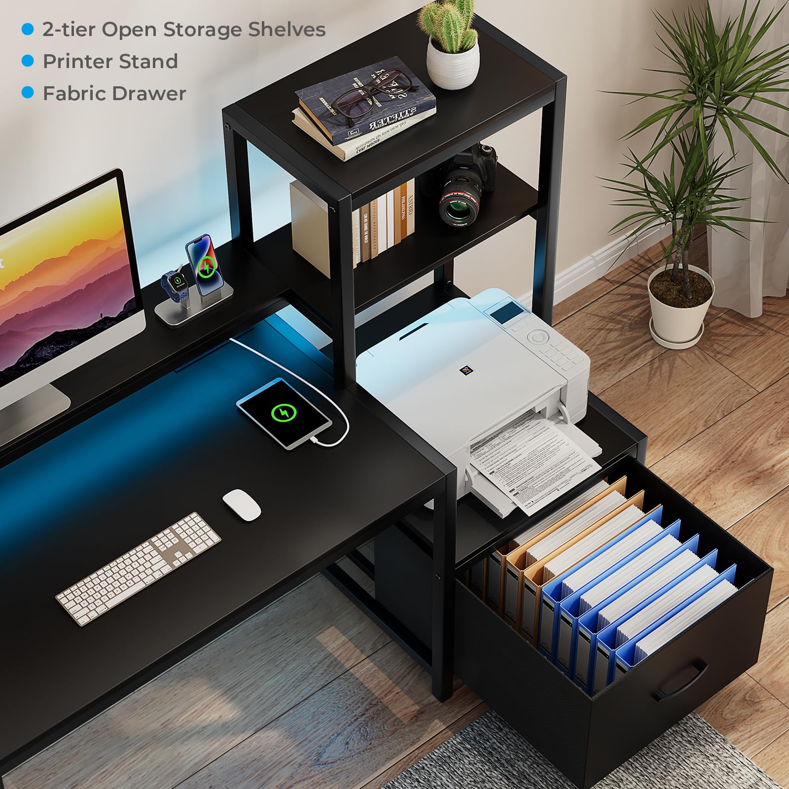 GreenForest 51-inch Computer Desk with Drawers & Monitor Stand - Home Office Desk with Storage Shelves, Power Outlets & LED Lights - Ergonomic Gaming & Study Desk for Small Spaces (Black) - Perfect for Remote Work, Online Classes & PC Gaming Setup