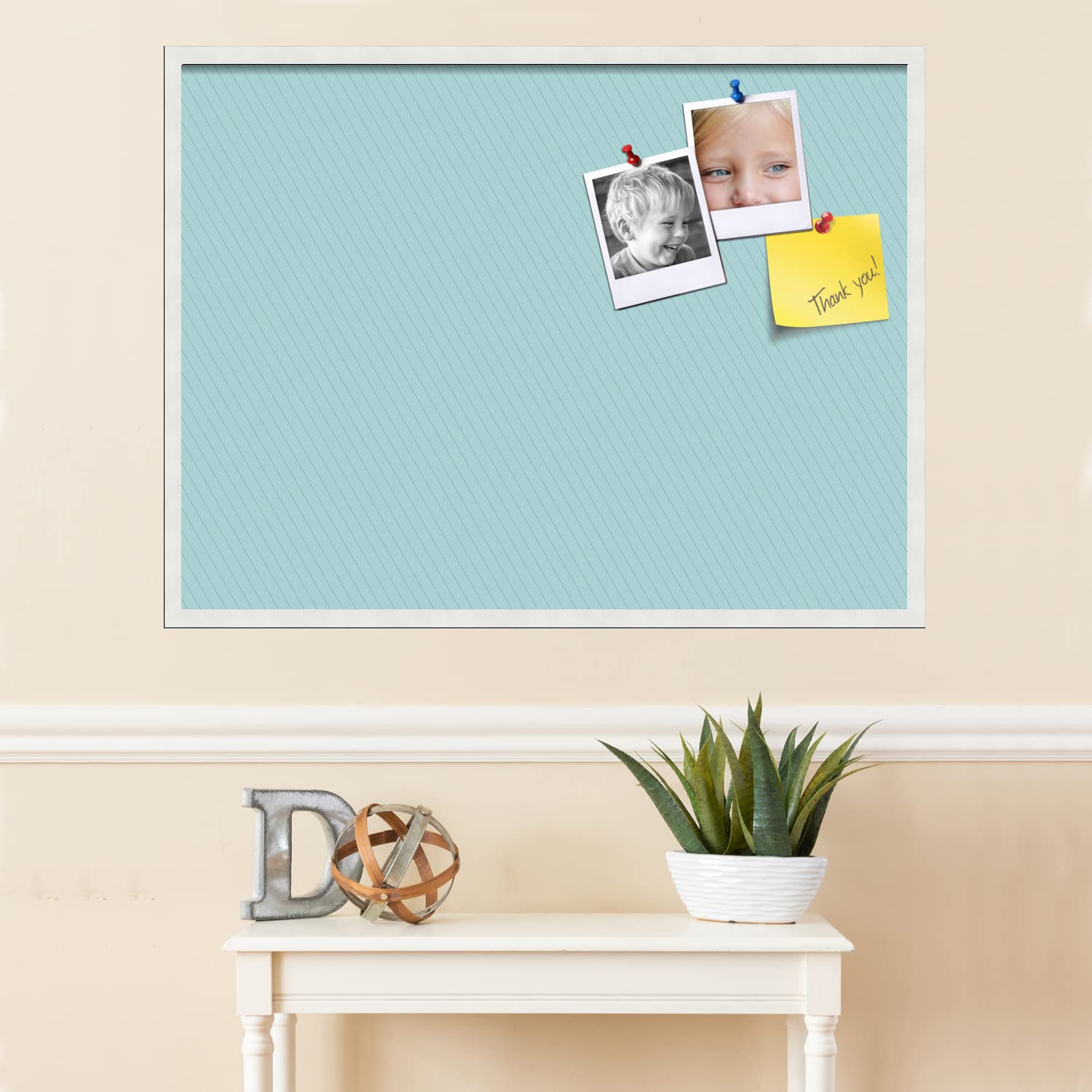 PinPix 40x30 Inch Cork Bulletin Board with Lux Stripes Aqua Design & Satin White Frame - Decorative Wall Memo Board for Home Office School Classroom Organization - Perfect for Notes, Photos, Reminders & DIY Projects