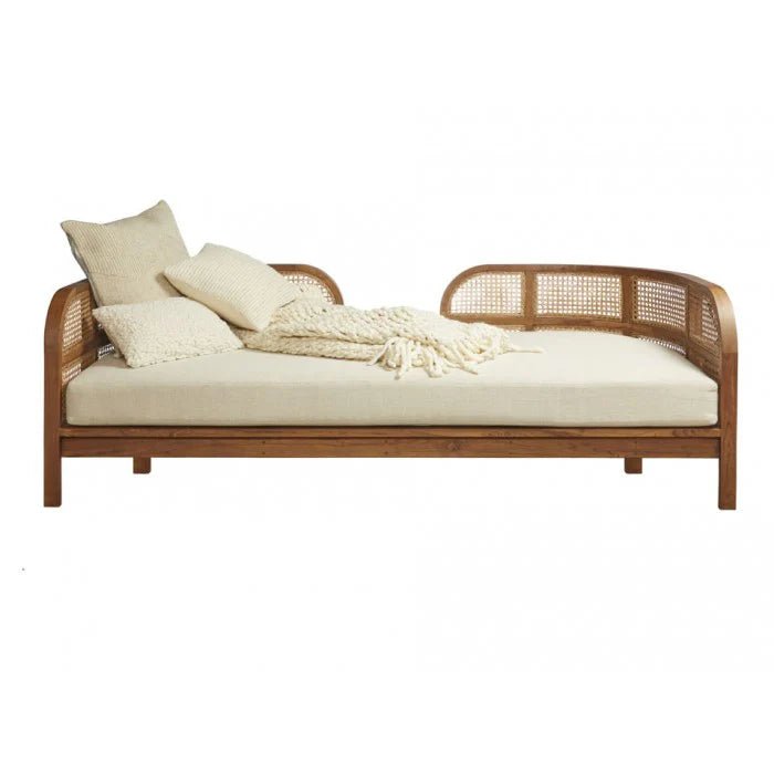 Natural Wood and Cane Daybed with Cushions - Boho Chic Lounge Chair for Patio, Bedroom or Living Room - Perfect for Relaxing, Reading and Sunbathing