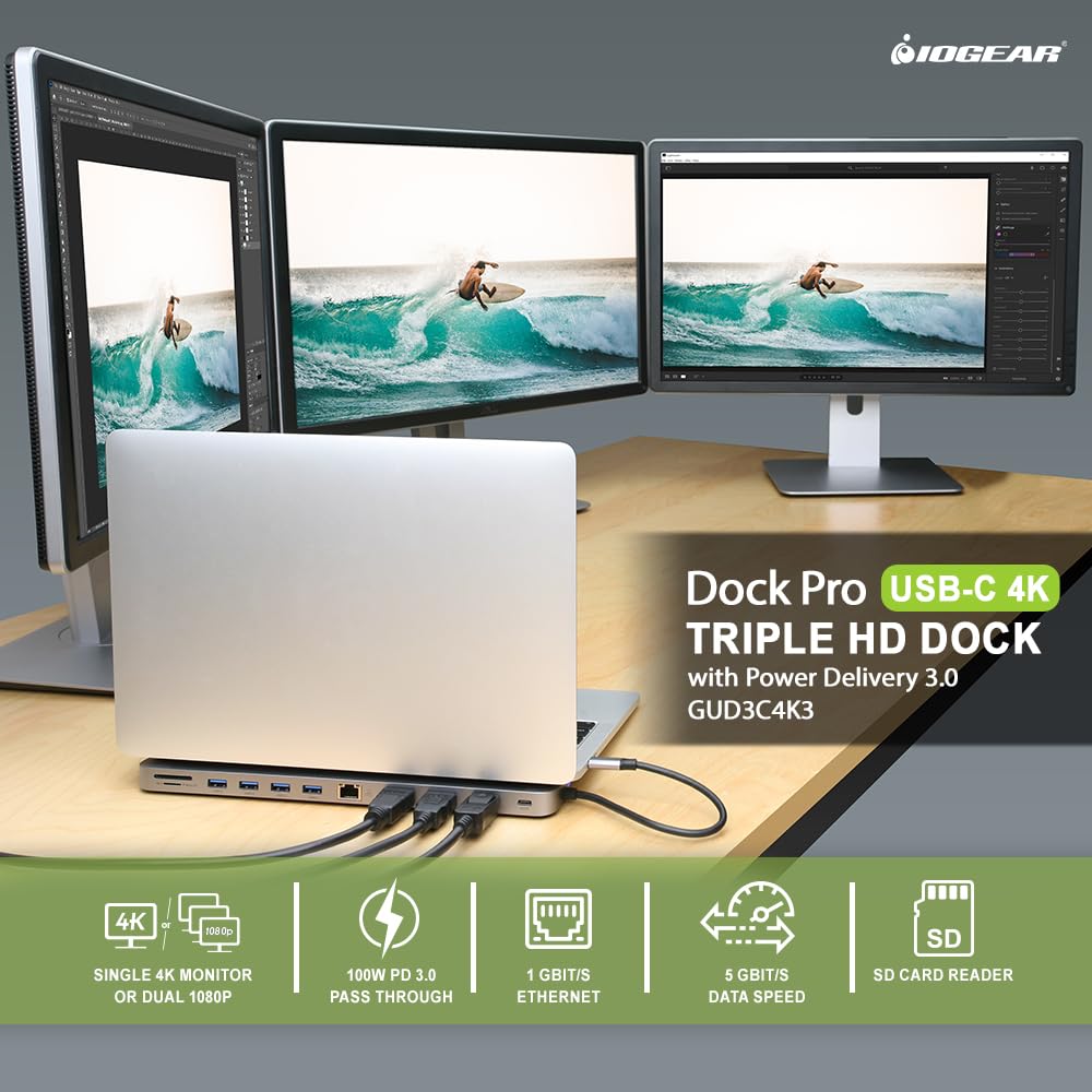 Dock Pro USB C Triple HD Docking Station - 4K HDMI, USB 3.0, Ethernet Port - Perfect for Home Office & Remote Work Setup