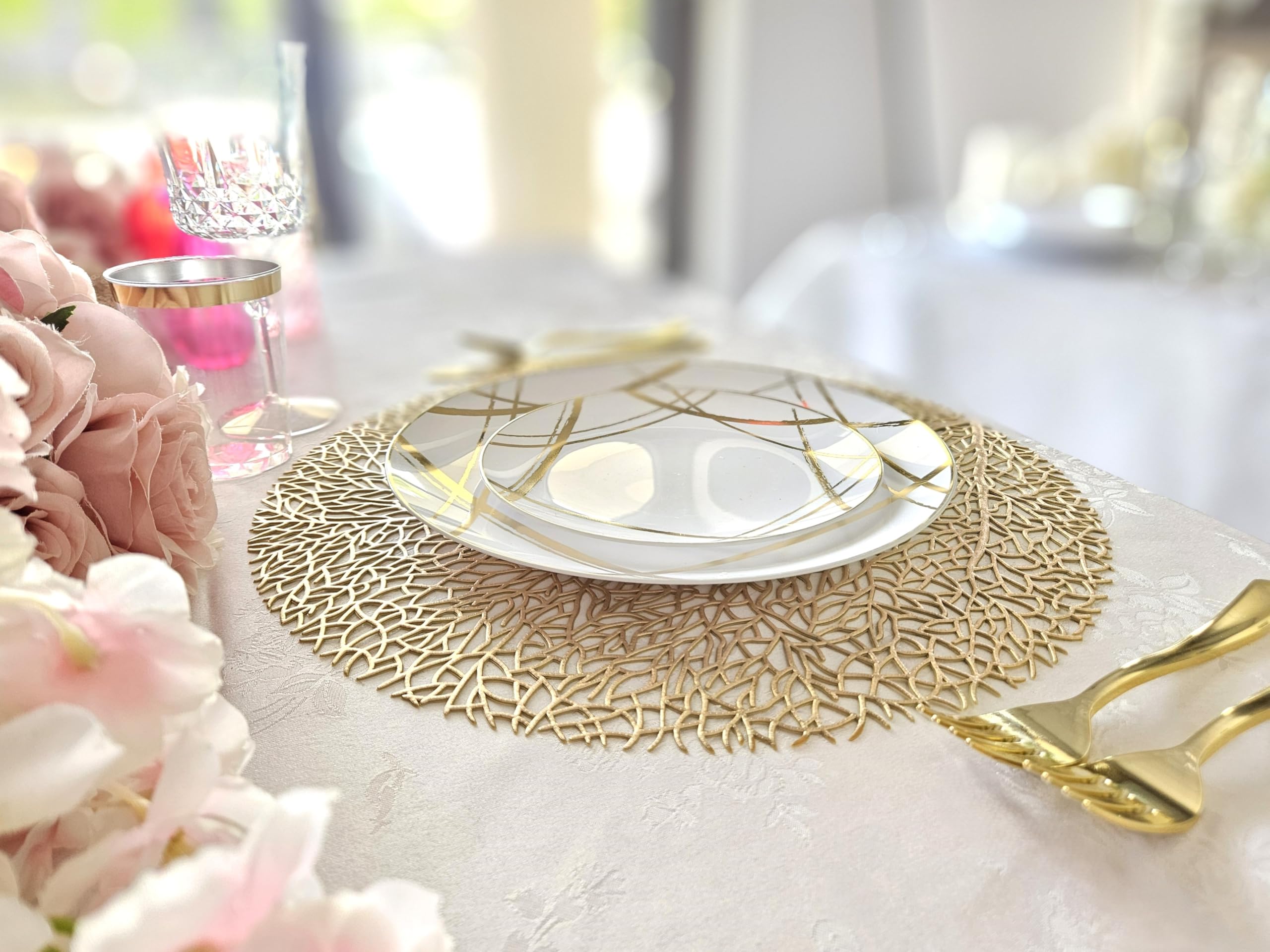 120-Piece Pressed Vinyl Metallic Placemats Set - Elegant Wedding Table Decor & Centerpiece Accent (Eden, Matte Gold) | Perfect for Bridal Showers, Anniversary Dinners & Formal Dining Events