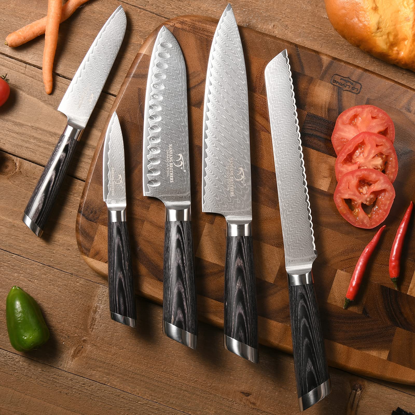 Premium 7-Piece Damascus Steel Knife Set with Wooden Block - Chef Knives, Kitchen Shears & Ergonomic ABS Handles - Perfect for Home Cooking, Professional Chefs & Gourmet Food Preparation