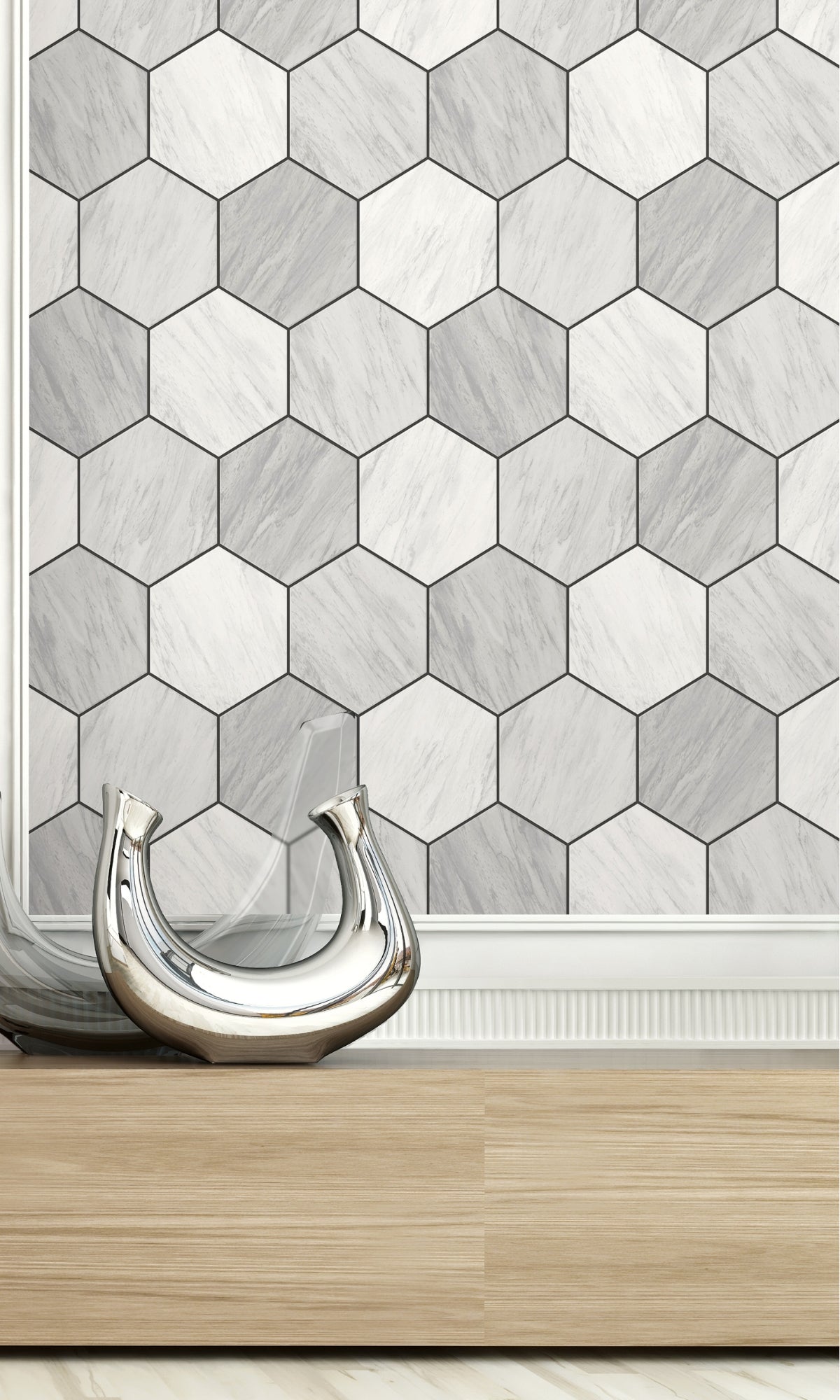 Carrara Geometric Hexagon Wallpaper R8514 - Self-Adhesive Peel and Stick Wallpaper for Bedroom, Bathroom, Kitchen, and Living Room Decor