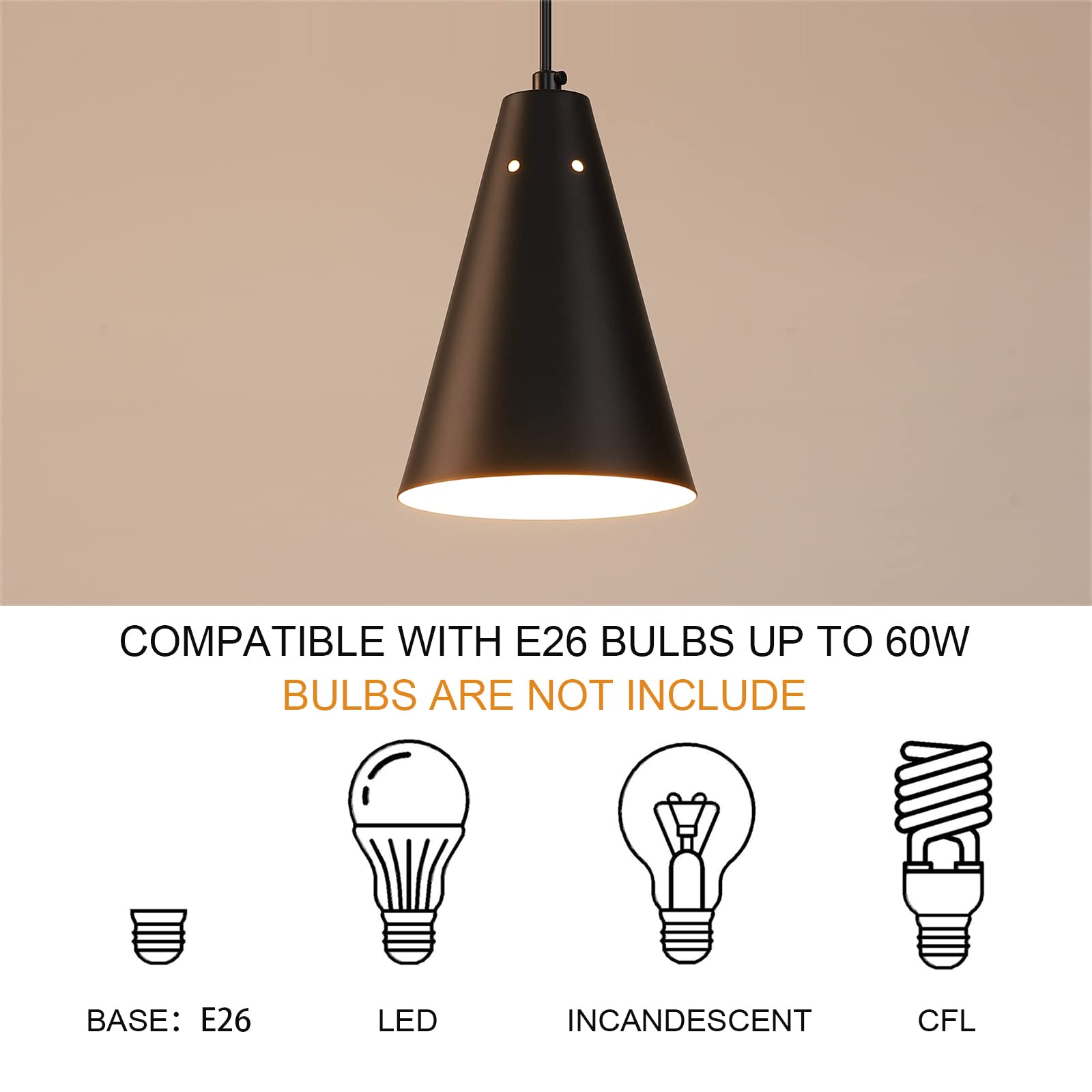 Black Plug-In Pendant Light with On/Off Switch - Modern Farmhouse Hanging Light Fixture with Metal Shade - Mini Pendant Lights for Kitchen Island, Bedroom, Dining Room & Living Room - Easy Installation with Plug-In Cord