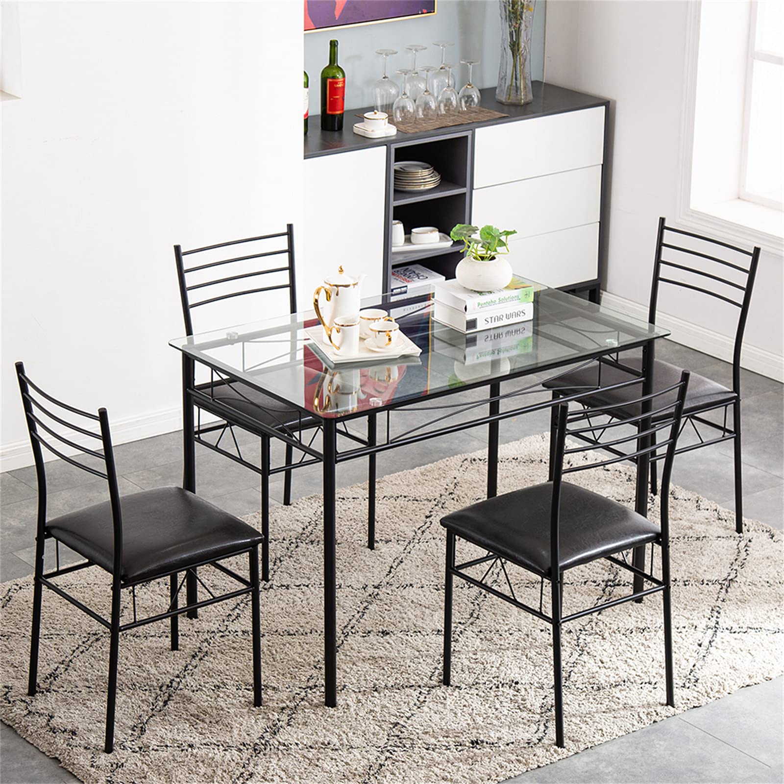 Modern 4-Piece Tempered Glass Dining Table Set with Stainless Steel Frame & PU Leather Chairs - Space-Saving Kitchen Table for Small Apartments, Breakfast Nooks & Cozy Dining Areas