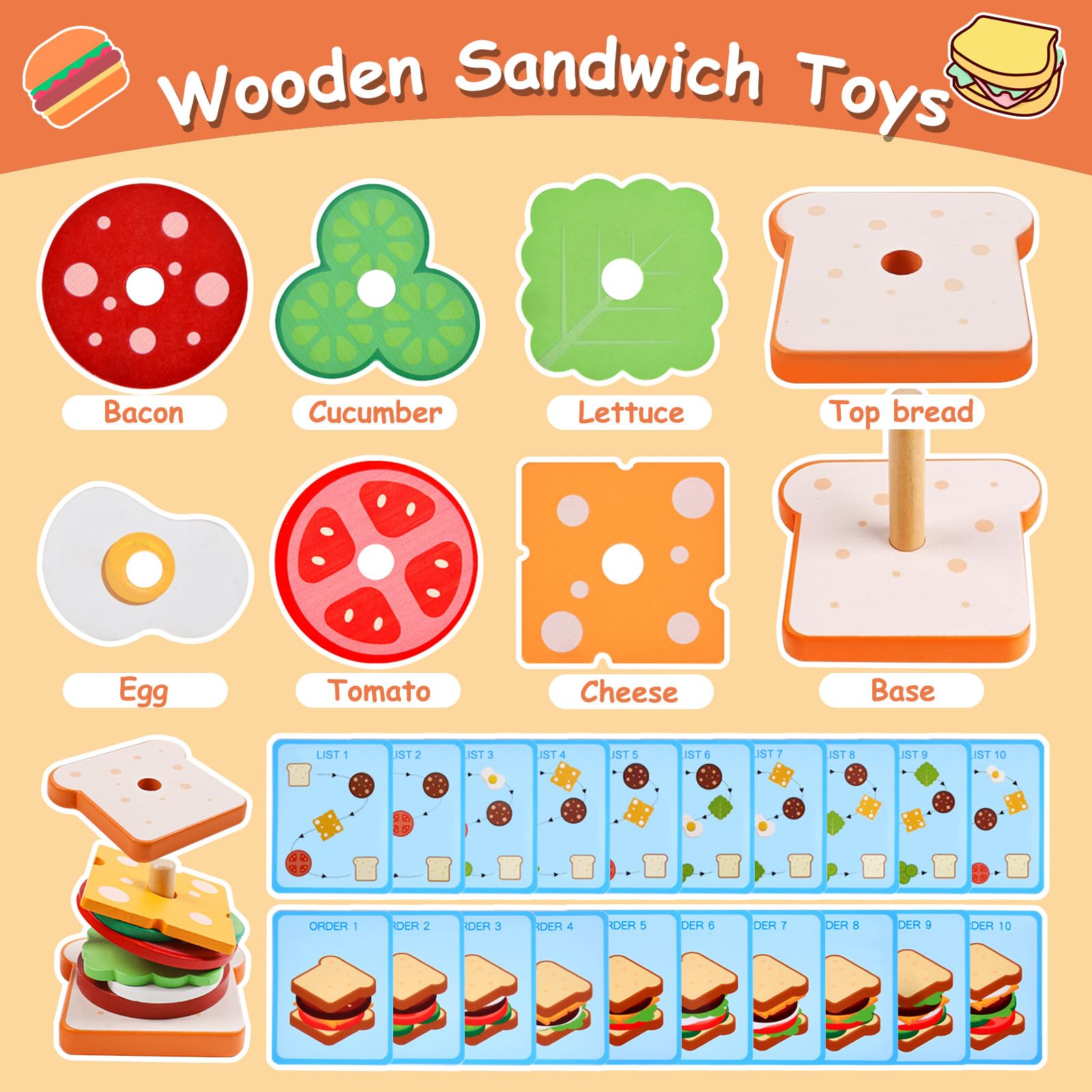 Wooden Sandwich Stacking Toys for Kids - Montessori Educational Learning Toys for Toddlers Ages 3-5 | Pretend Play Kitchen Food Set | Perfect Christmas & Birthday Gift for Boys & Girls | Great for Preschool Learning & Imaginative Play