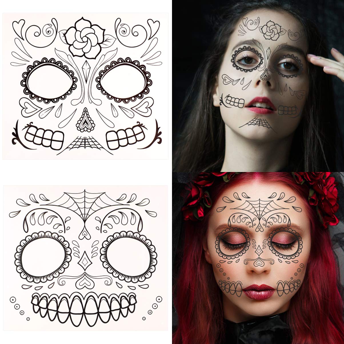 FRCOLOR 10 Sheets Halloween Temporary Tattoos - Day of The Dead Face Tattoos with Skull & Rhinestone Designs for Cosplay, Parties & Makeup | Perfect for Halloween Costumes, Festival Body Art & Themed Events