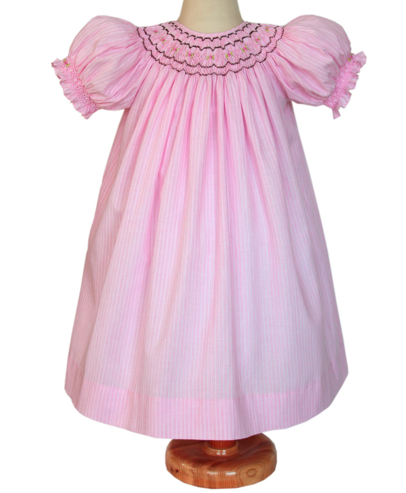 Carouselwear Girls Pink Hand Smocked Bishop Dress with Brown Embroidery - Perfect for Easter, Birthday Parties & Special Occasions