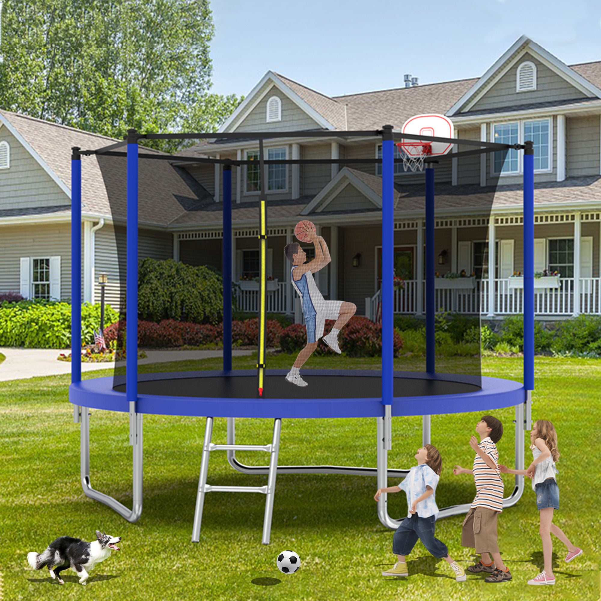 10FT Kids Trampoline with Basketball Hoop & Safety Enclosure - ASTM Approved Outdoor Bounce Play Set for Backyard Fun - Easy Assembly for Children's Playtime, Birthday Gifts & Family Activities