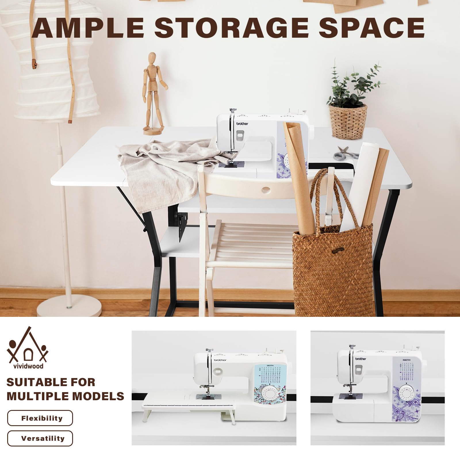 Adjustable Sewing Machine Table with Storage Shelf - Large White Sewing Table for Quilting, Crafting & DIY Projects - Perfect for Home Studios & Hobbyists