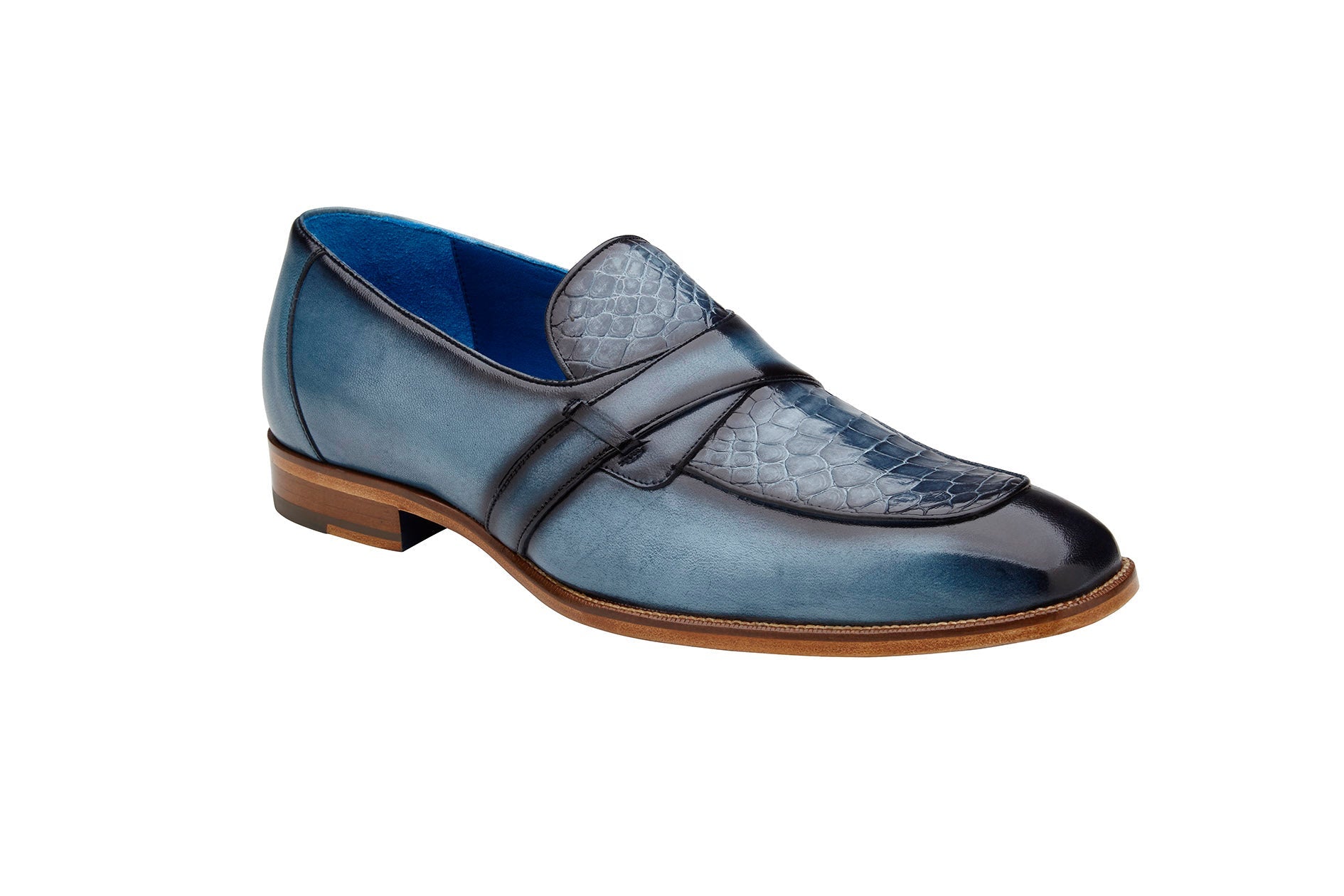 Belvedere Tornado Genuine American Alligator & Italian Calf Leather Dress Shoes - Antique Blue Jean Color R74 | Premium Business Formal & Wedding Attire