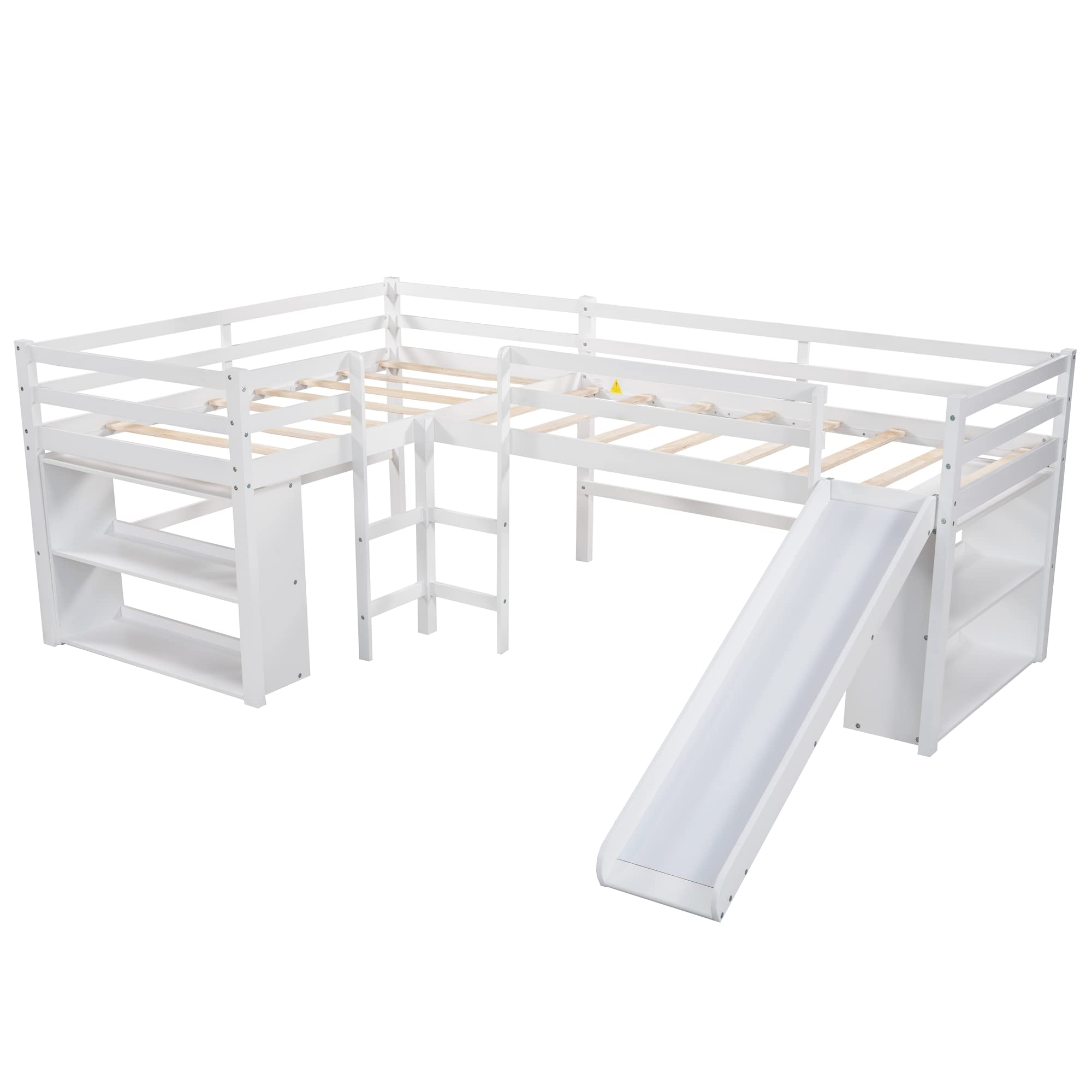 Twin Size L-Shaped Loft Bed with Slide & Movable Two-Tier Shelves - Space-Saving Kids Furniture for Small Bedrooms (White) | Perfect for Dorm Rooms, Playrooms & Tiny Homes