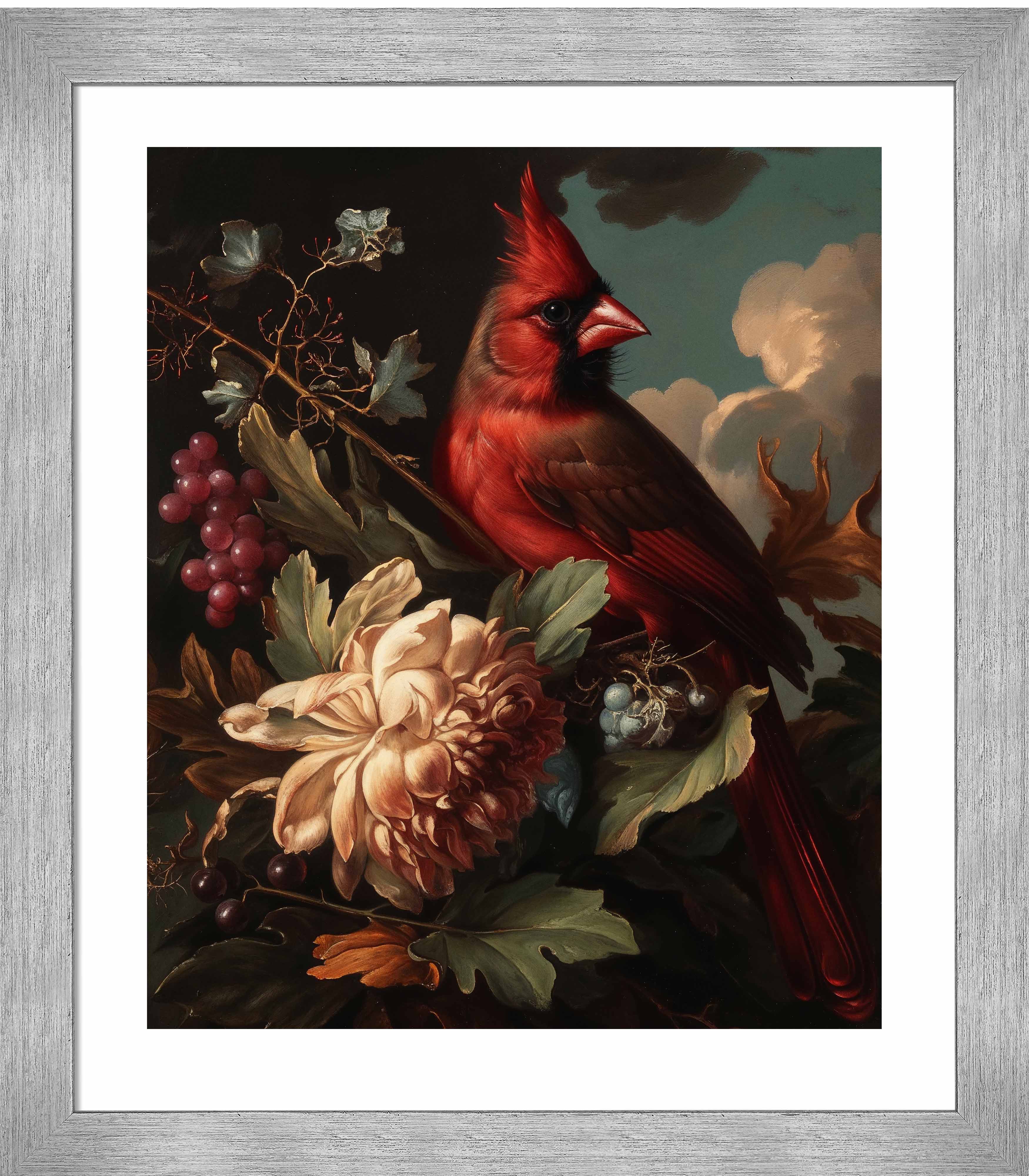 Cardinal Amongst Blooms Art Print - Vibrant Red Bird Wall Decor for Home, Office & Gifts | Nature-Inspired Painting for Living Room, Bedroom & Study