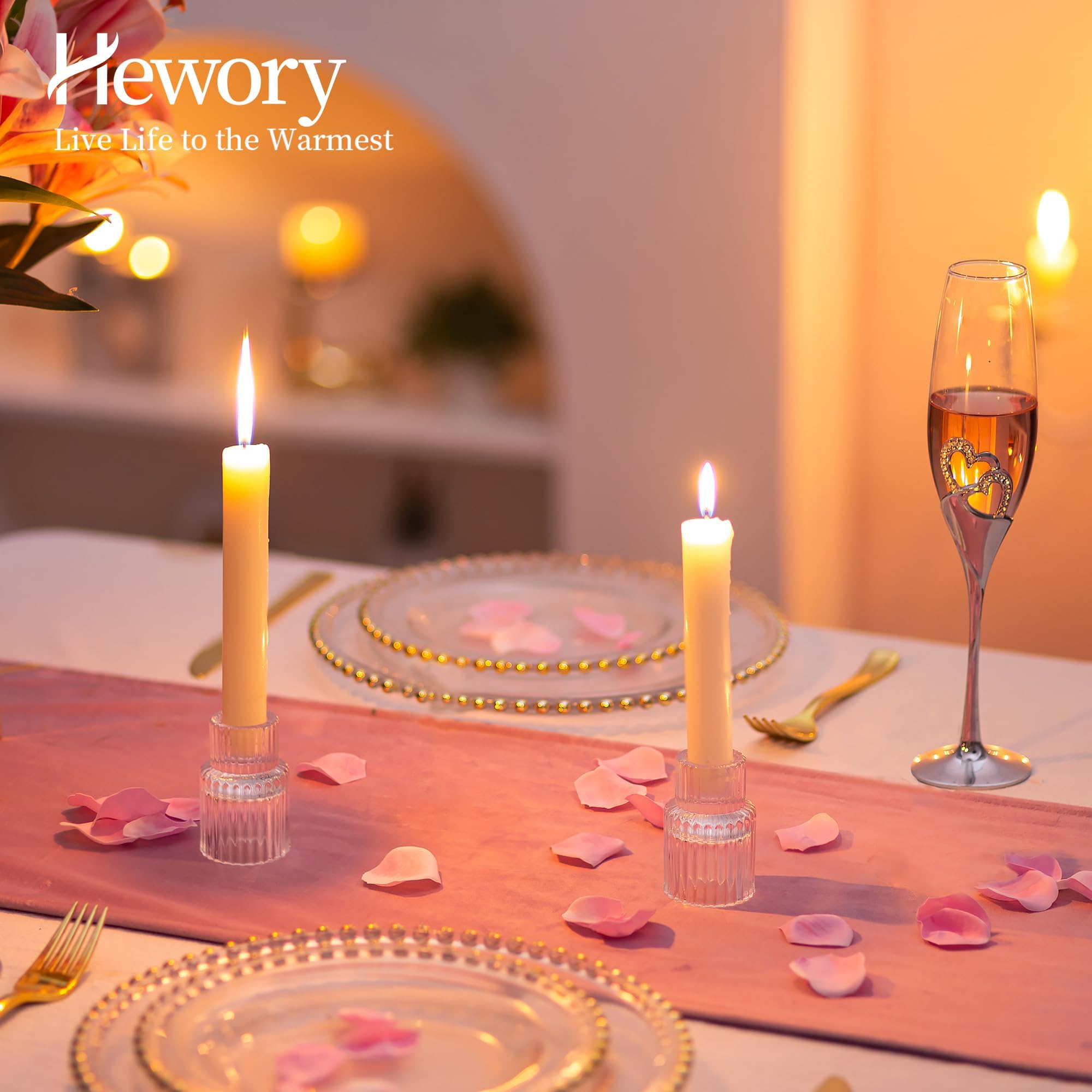 Hewory 20PCS Clear Glass Taper Candle Holders Bulk Set - Elegant Candlestick Holders for Table Centerpiece Decor, Perfect for Christmas, Wedding, Party & Bridal Showers - Create Romantic Ambiance for Dining & Home Decor