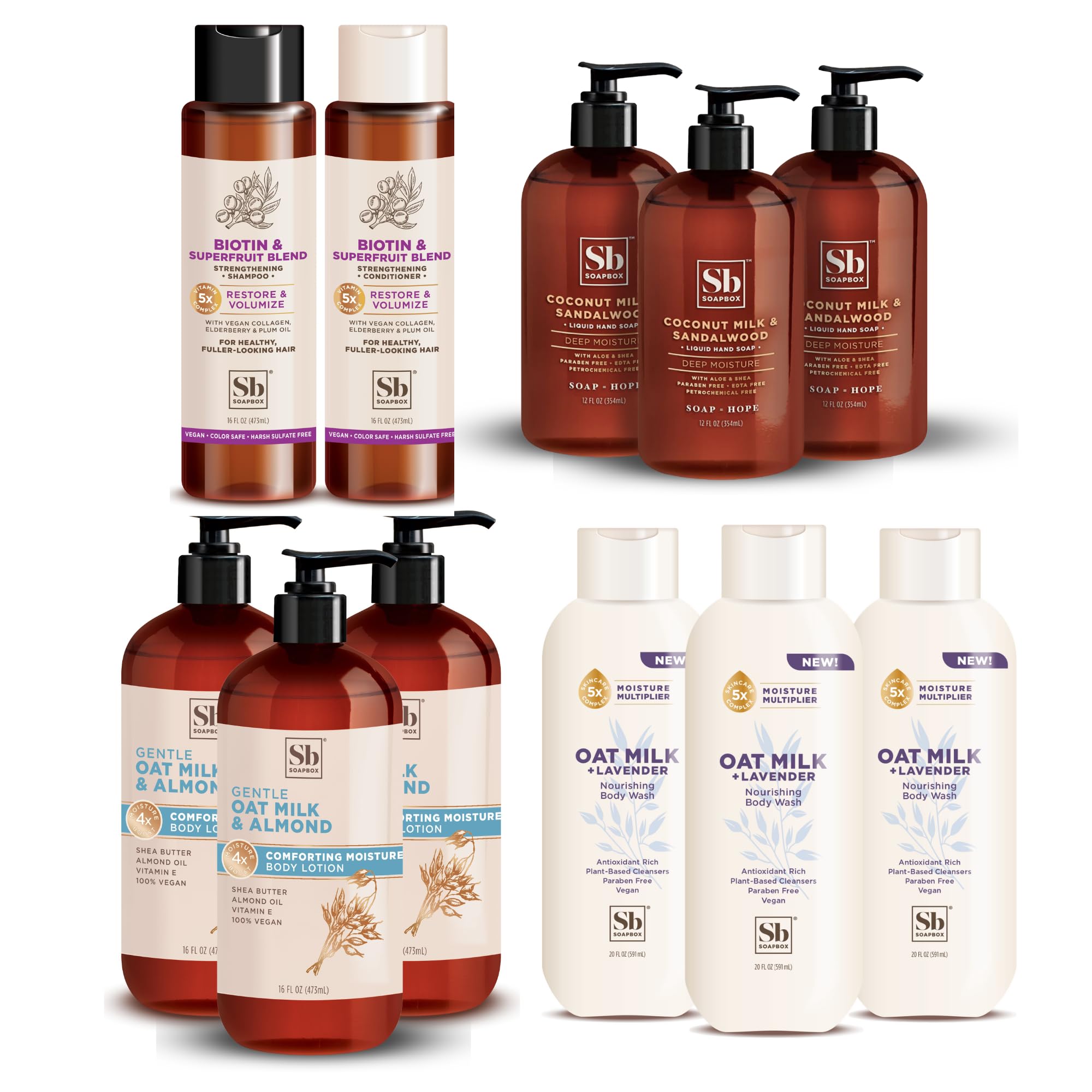 Soapbox Moisturizing Hand Soap, Biotin Shampoo & Conditioner Set, Oat Milk Lavender Body Wash with Almond Lotion - Hydrating Skincare Combo Pack for Dry Skin Care & Relaxing Bath Time