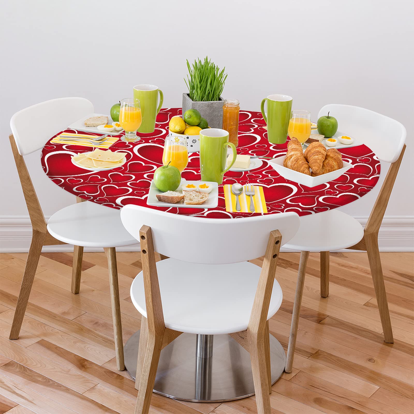 Valentine's Day Heart Print Elastic Edge Round Tablecloth - Waterproof & Wipeable Fitted Table Cover for 40