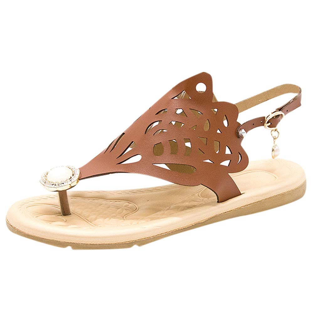 Aunimeifly Women's Bohemian Summer Flat Casual Roman Sandals with Pearl Embellishments - Perfect for Beach, Vacation, and Everyday Wear