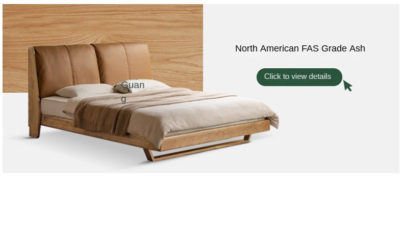 Italian Light Luxury Solid Wood Bed in Oak & Ash with Genuine Leather Upholstery - Perfect for Master Bedrooms, Guest Rooms & Modern Home Decor