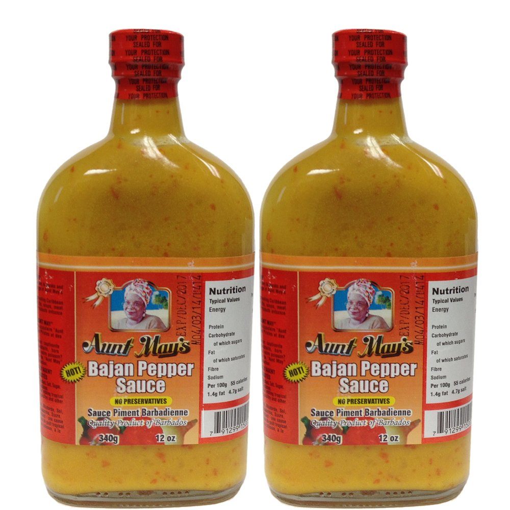 Aunt May's Authentic Bajan Hot Pepper Sauce - 12oz Bottle (Pack of 2) - Caribbean Style Hot Sauce for Grilling, Marinades & Cooking