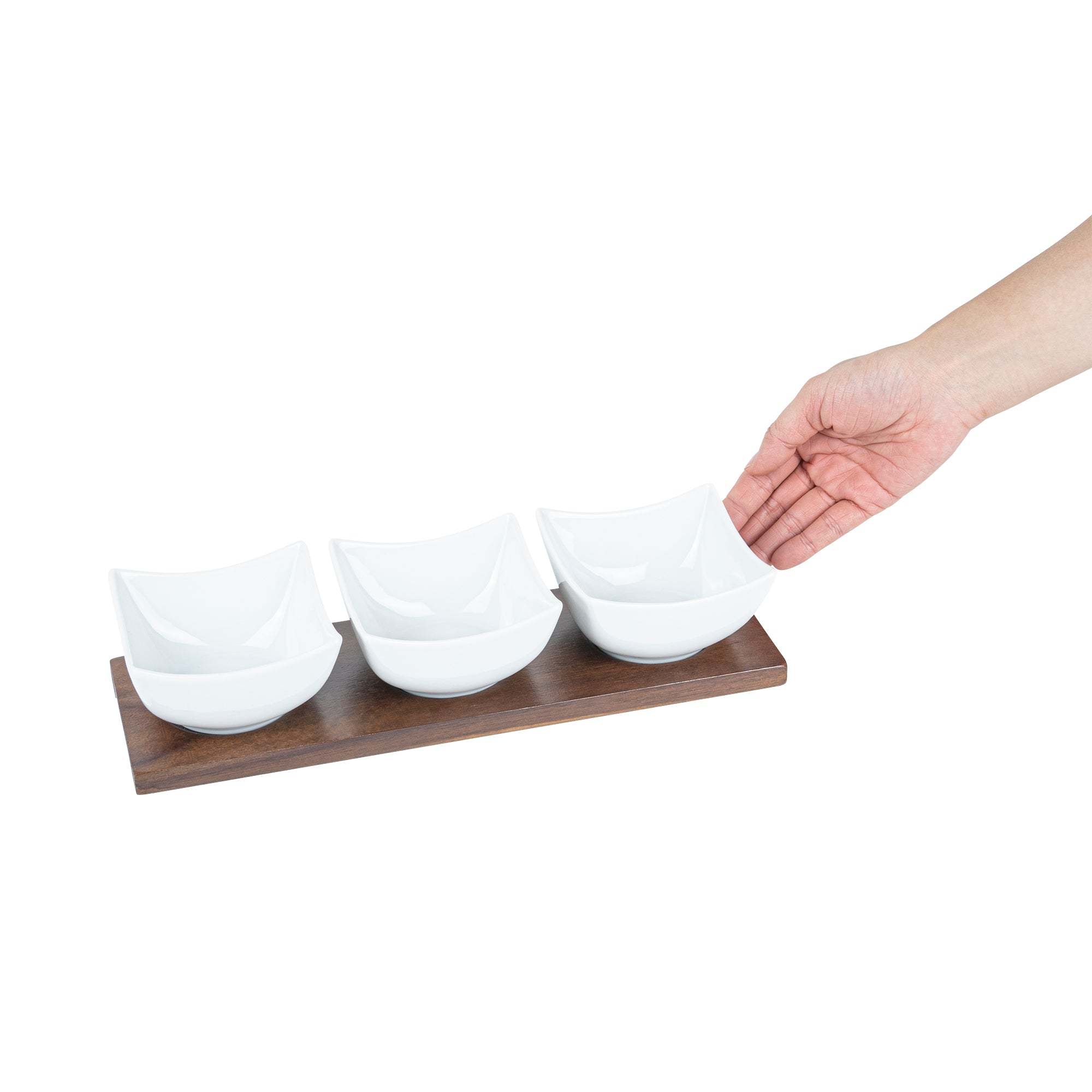 15 oz White Porcelain Cocktail Bowl Set with Bamboo Tray - 3 Rectangle Bowls (12x4x2.5 Inches) for Appetizers, Sushi & Party Snacks - Premium Dinnerware for Home & Restaurant Use