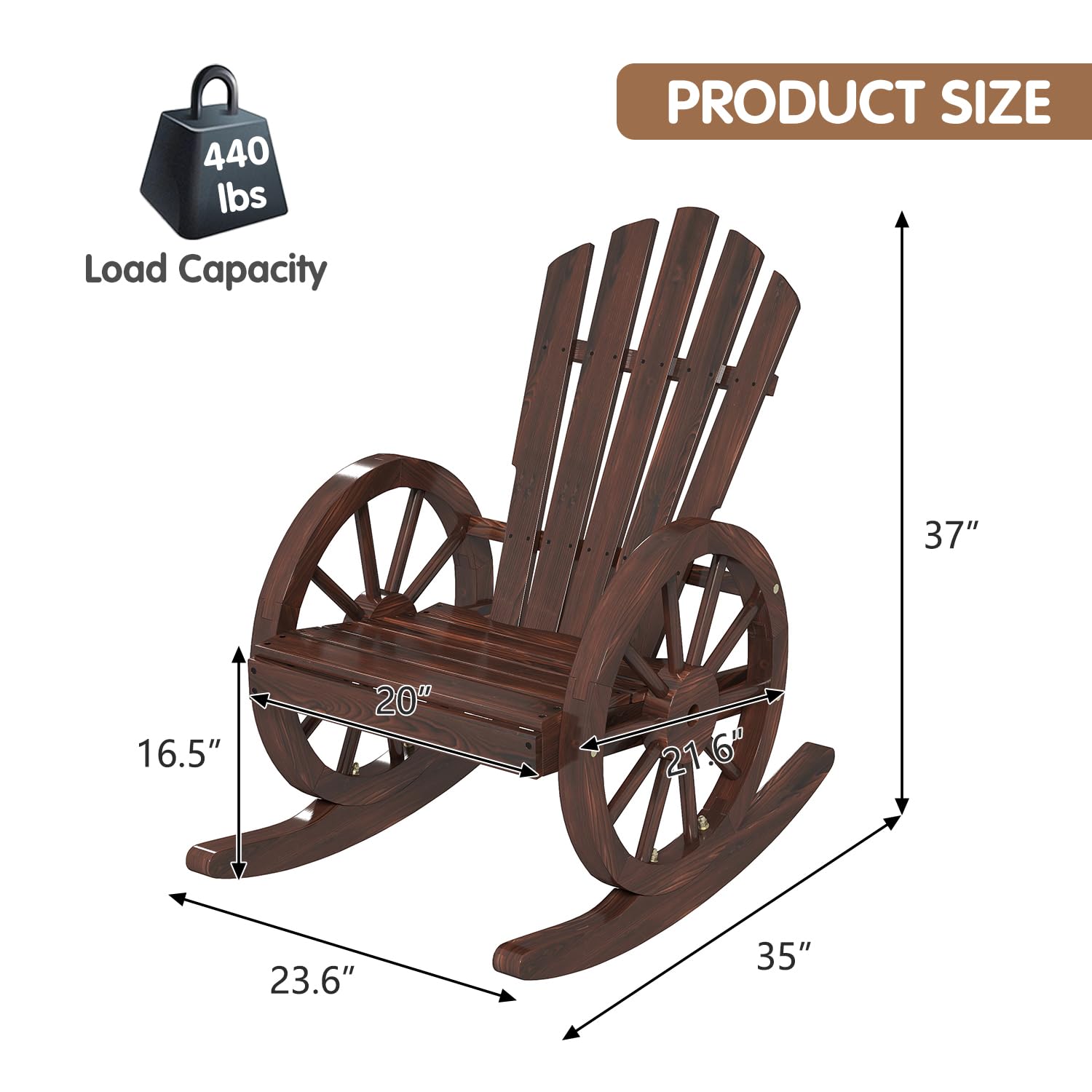 Kinbor Wooden Outdoor Rocking Chair - Comfortable High Back Slat Rocker for Porch, Patio, Lawn & Garden - Reclining Seat for Relaxing in Backyard, Poolside or Sunroom