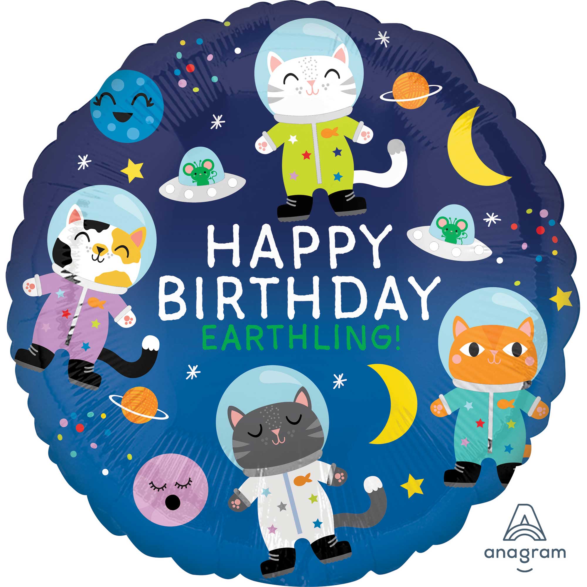45cm Standard HX Happy Birthday Space Cats Balloon - Perfect for Birthday Parties, Baby Showers & Space-Themed Decorations