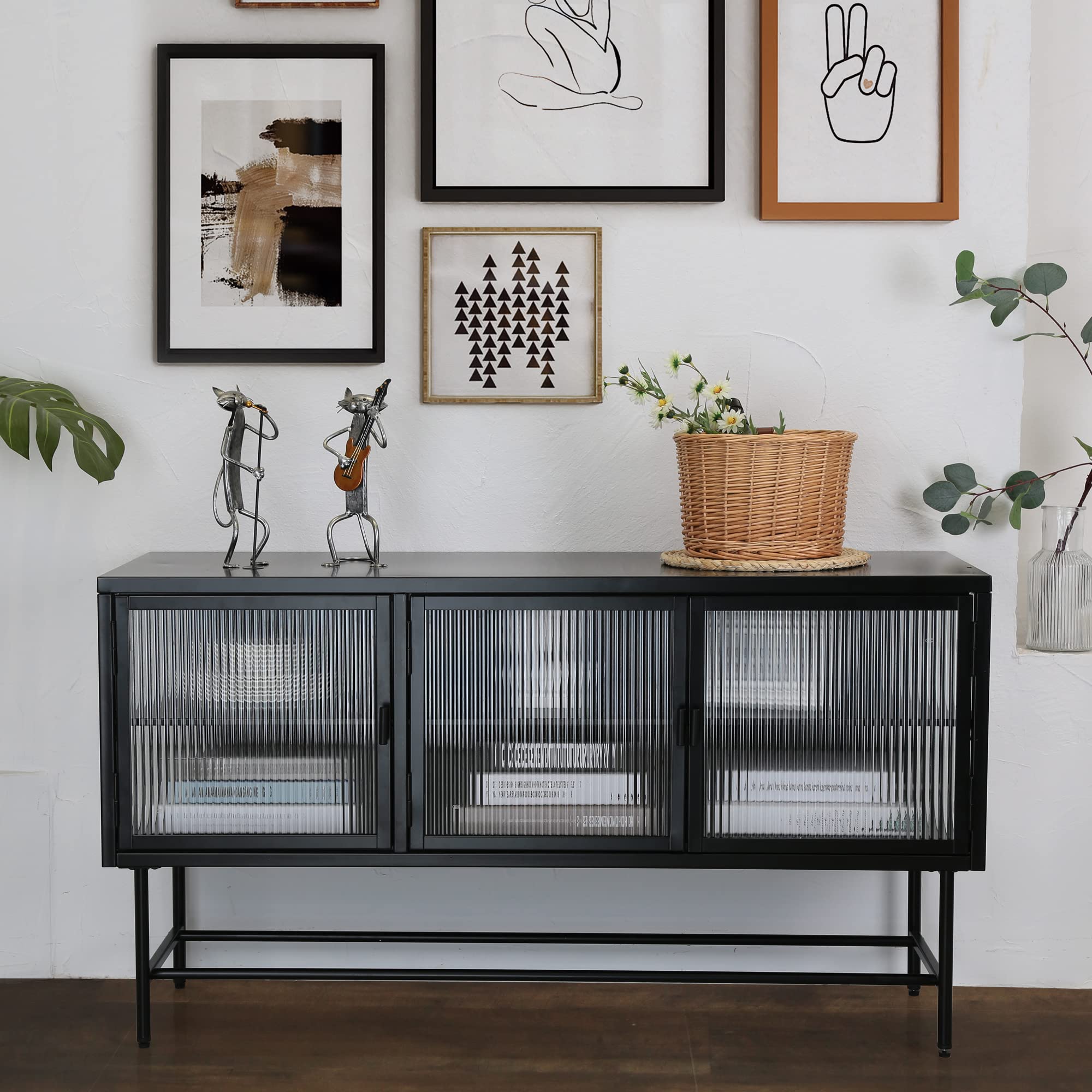 Modern Black Metal & Fluted Glass Display Cabinet with Adjustable Shelves - Multi-Functional Storage for Dining Room, Living Room, Bathroom & Entryway - Perfect for Showcasing Collectibles, China, or Liquor Bottles