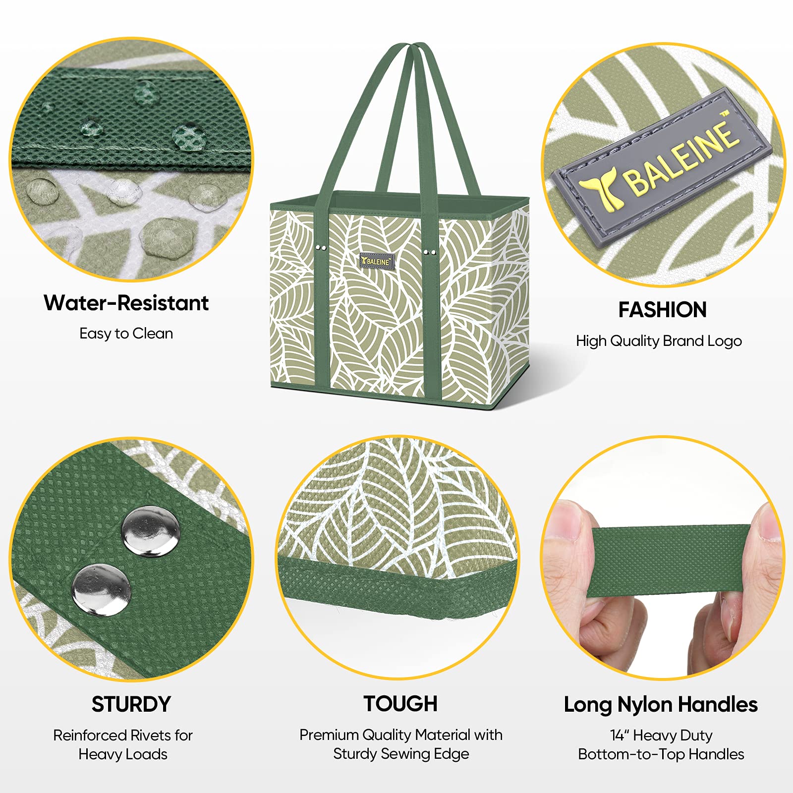 BALEINE 3-Pack Reusable Grocery Bags - Foldable Shopping Tote with Reinforced Bottom & Handles for Supermarket, Farmers Market & Travel (Antique Foliage Design) | Eco-Friendly & Durable for Daily Shopping & Errands