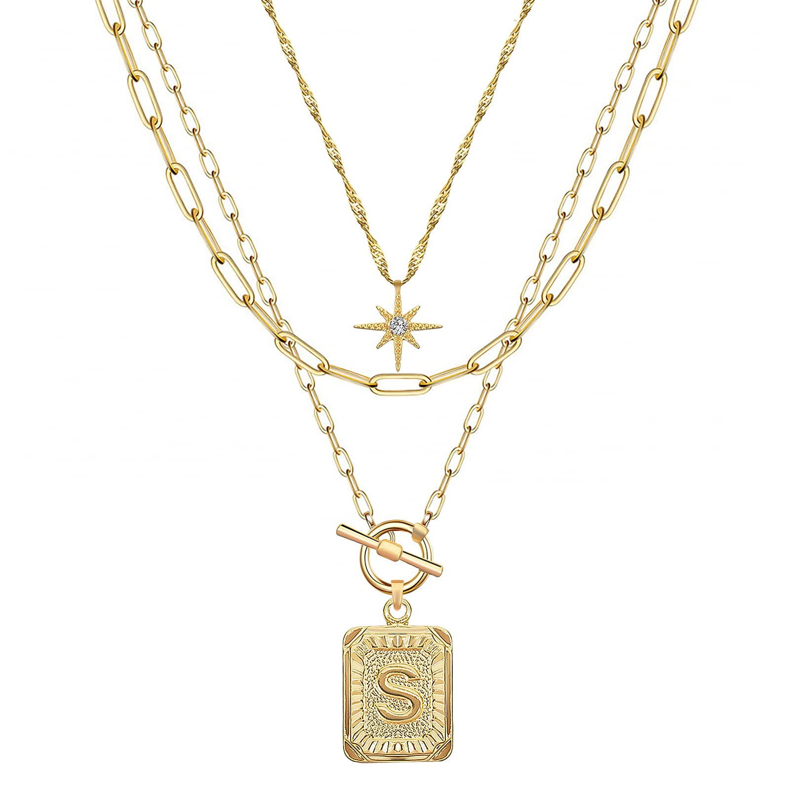 MJartoria 14K Gold Plated Initial Necklace for Women - Trendy Layered Star Choker with Square Letter Pendant & Paperclip Chain - Elegant Gold Jewelry Gift for Her - Perfect for Date Nights, Anniversaries and Birthday Gifts