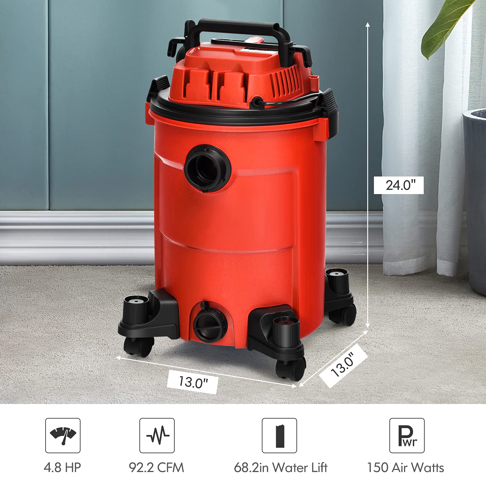 COSTWAY 3-in-1 Wet/Dry Vacuum Cleaner with Blower | 6.6 Gallon 4.8 HP Powerful Suction | Safety Protection & Portable Design | Ideal for Workshop, Car, Garage & Home Cleaning | 1200W Red Vacuum Cleaner for Heavy Duty Use