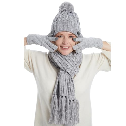 Cozy Fleece Lined Cable Knit Beanie Hat, Scarf & Gloves Set for Women & Men - Winter Warm Accessories for Skiing, Snowboarding & Outdoor Activities