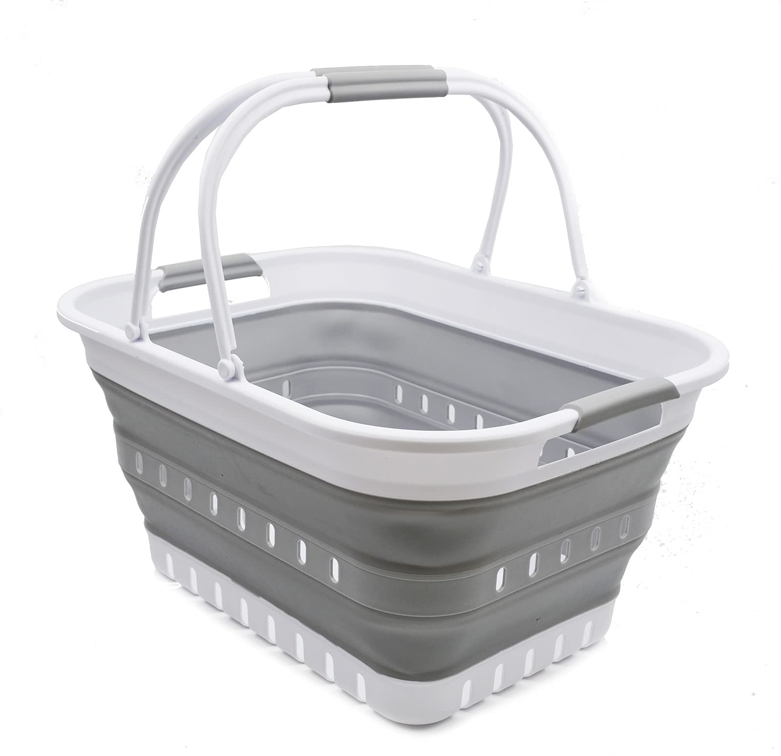 SAMMART 29L (7.6 Gallon) Collapsible Storage Tub with Handle - Portable Foldable Picnic Basket, Shopping Bag & Organizer - Space Saving Container for Outdoor, Camping, Home & Car Use (White/Grey, 1 Pack)
