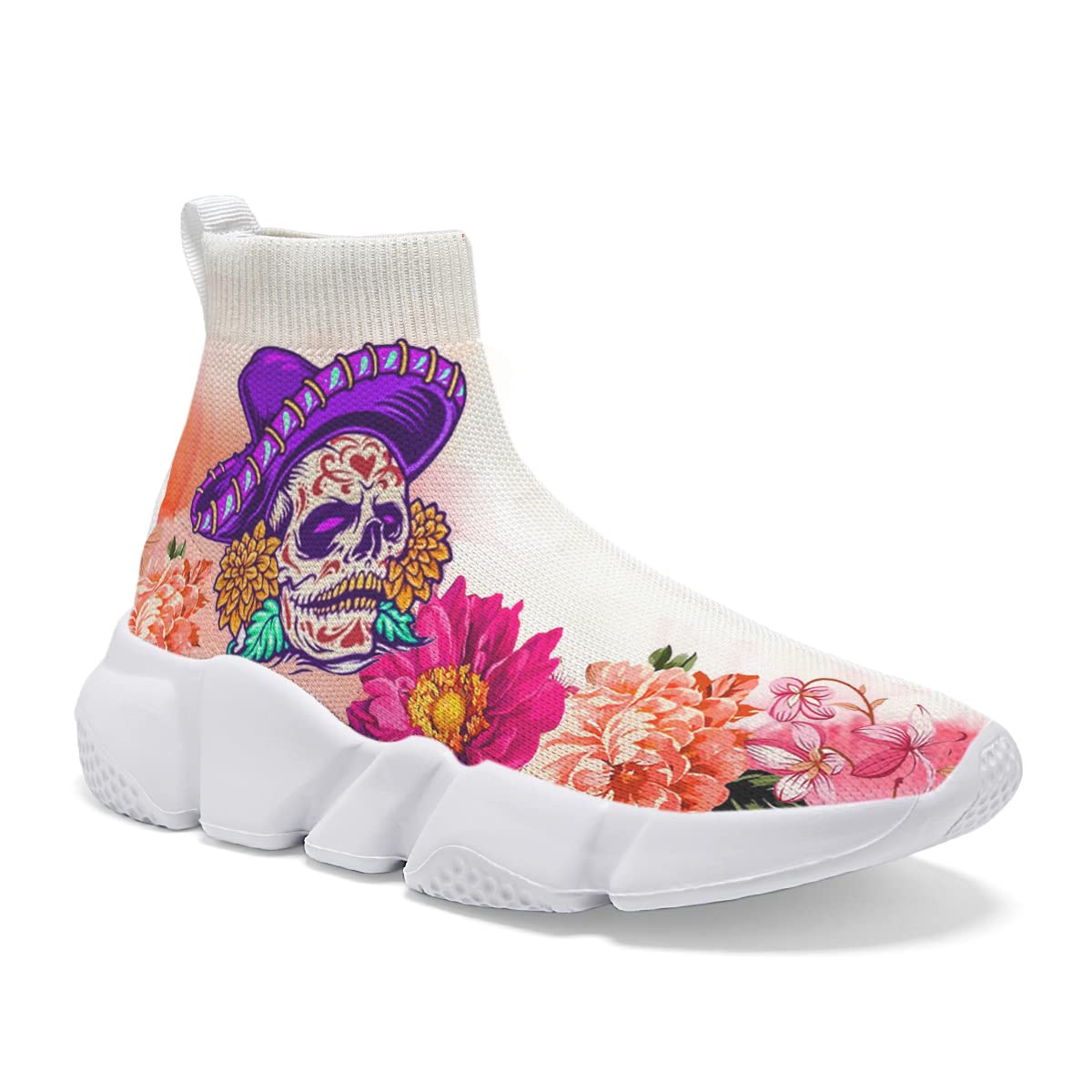 Hetios Women's Skull Print Slip-On Sneakers - Breathable Knit Running Shoes for Walking, Jogging & Casual Wear | Trendy White Athletic Shoes for Women | Perfect for Gym, Workout & Street Style Fashion
