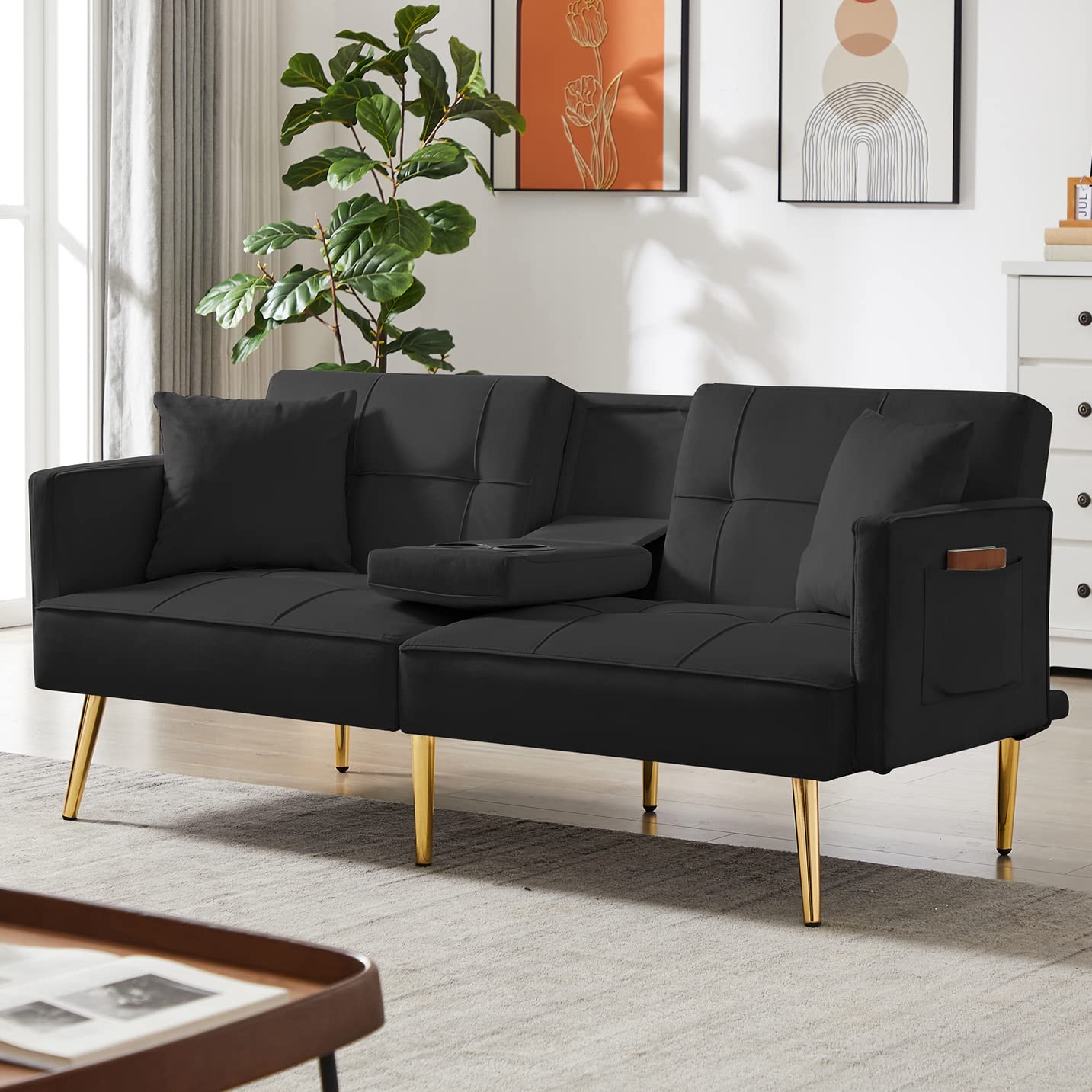 Rophefx Velvet Convertible Sofa Bed - Sleeper Couch with Cup Holders, 2 Pillows & 6 Metal Legs | Folding Loveseat for Small Spaces | Perfect for Living Room, Bedroom & Guest Room (Black)