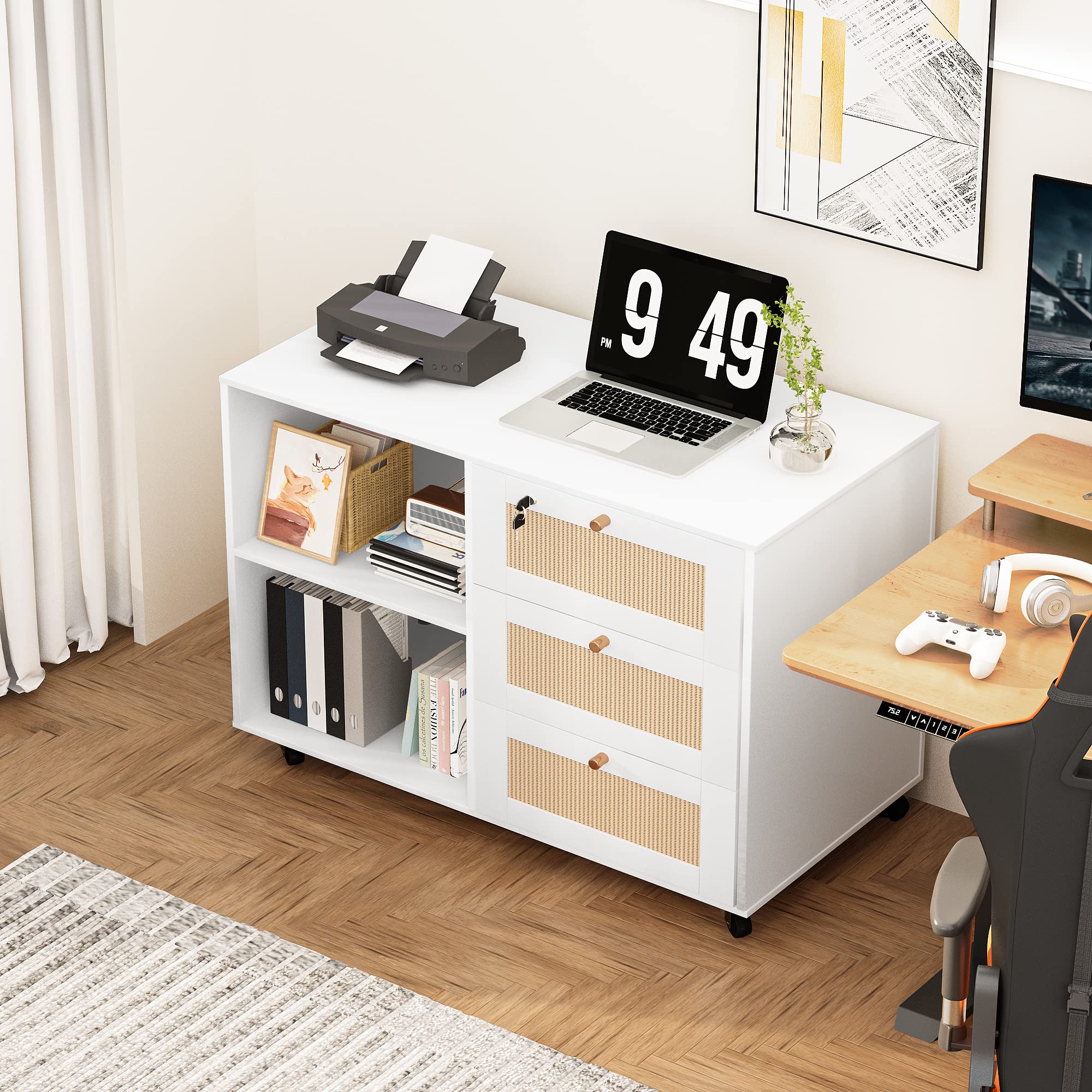 AWQM 3-Drawer Wooden Filing Cabinet with Lock - Office Storage Cabinet, Printer Stand with Open Shelves, Rattan Mobile File Organizer for Home & Office, White - Perfect for Document Storage, Printer Organization & Home Office Decor