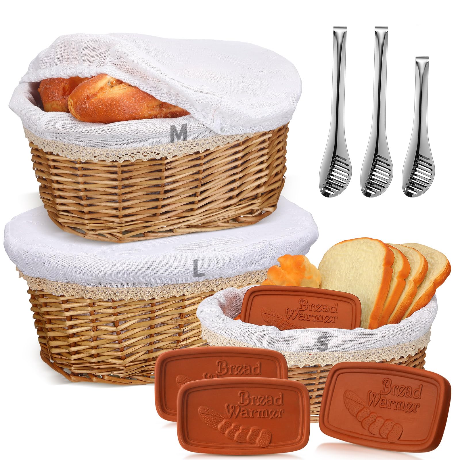 Havawish 3-Piece Handmade Wicker Bread Basket Set with Terracotta Warmer Stones - Includes Removable Liner Cover and Tongs (3 Sizes) - Perfect for Serving Warm Bread, Pastries, Fruits at Restaurants, Cafes, and Home Dining