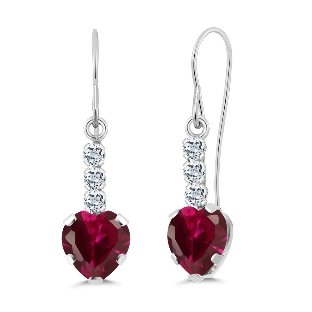 14K White Gold Red Created Ruby & White Topaz Heart-Shaped Dangle Earrings for Women - 2.16 Cttw, July Birthstone Jewelry - Perfect for Weddings, Parties & Special Occasions