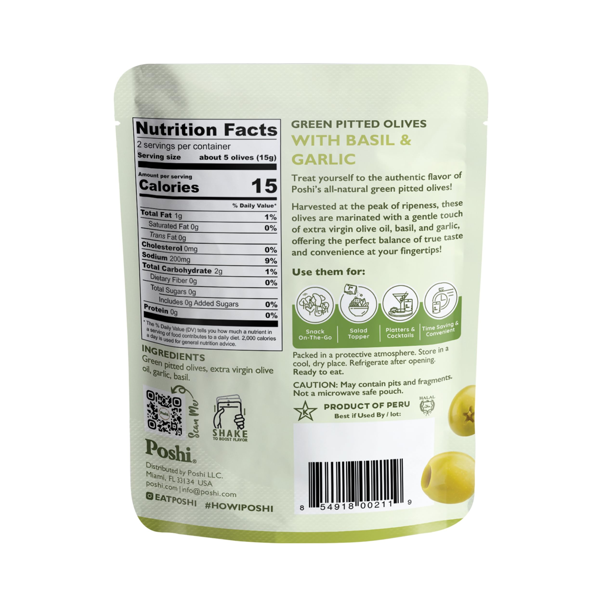 Poshi Green Pitted Olives with Basil & Garlic - 30 Pack (1.1oz Bags) | Vegan, Kosher, Gluten Free, Keto Friendly | Healthy Low Calorie Snack for On-the-Go, Picnics & Charcuterie Boards