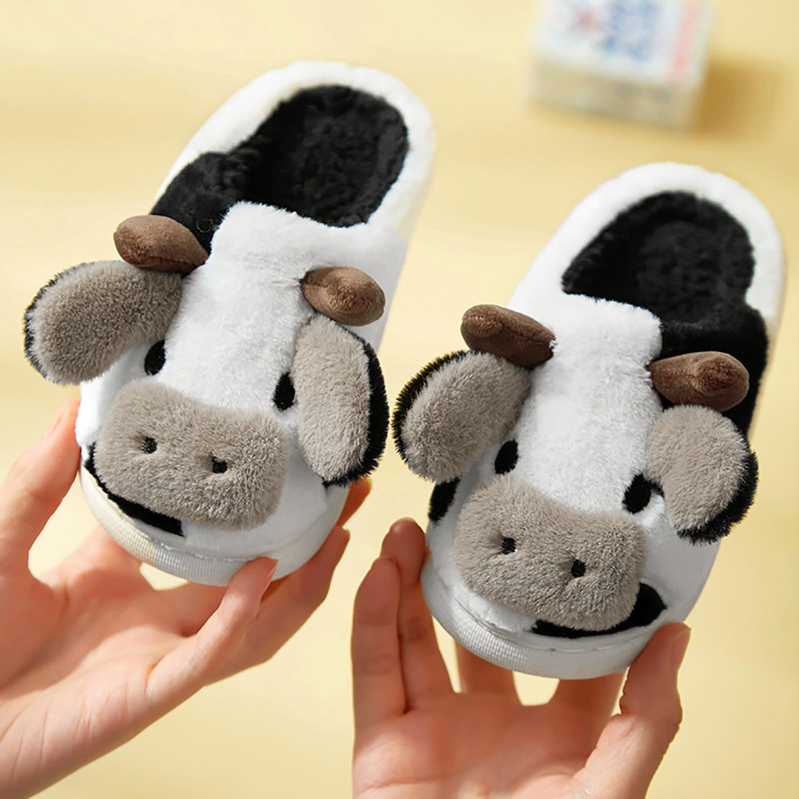 Momolaa Kids Cartoon Cow Cotton Slippers - Soft Fuzzy Indoor/Outdoor House Shoes for Boys & Girls - Warm Winter Bedroom Slippers for Home, School & Playtime