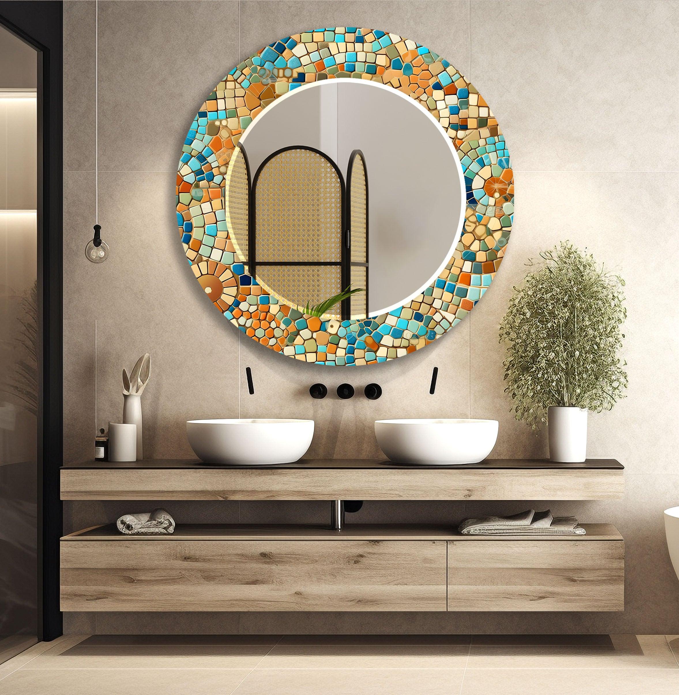 Beige and Blue Mosaic Wall Mirror - Handmade Decorative Bathroom Vanity Mirror - Perfect for Bedroom, Living Room & Entryway Décor