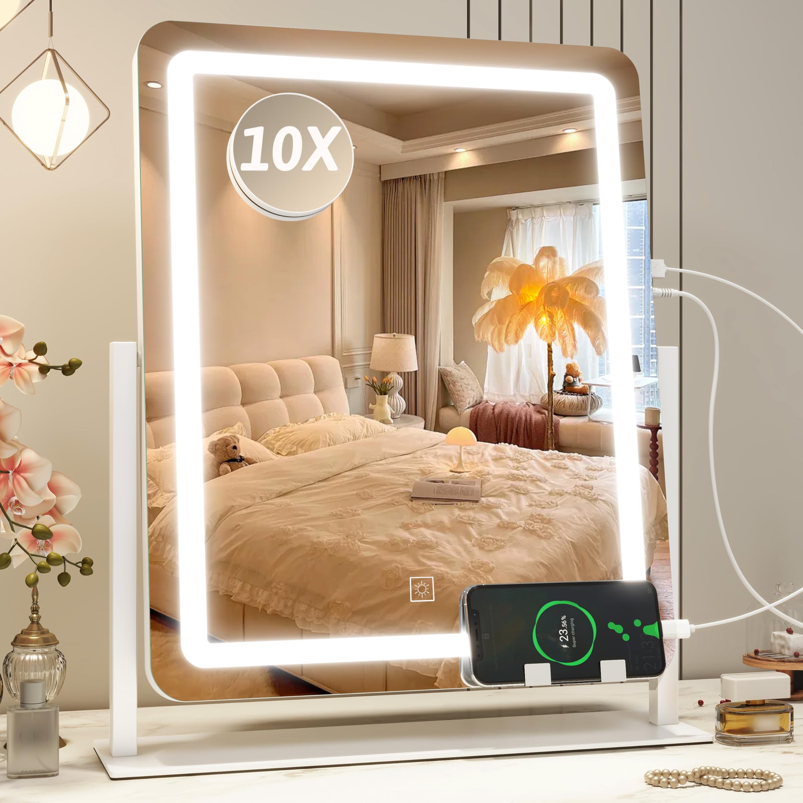 22x18 Inch LED Vanity Mirror with Lights - 3 Color Dimmable Lighting, Smart Touch Control & 360° Rotation - Large Makeup Mirror for Bedroom, Dressing Room, Bathroom (White) - Perfect for Makeup Application, Skincare Routine and Home Decor