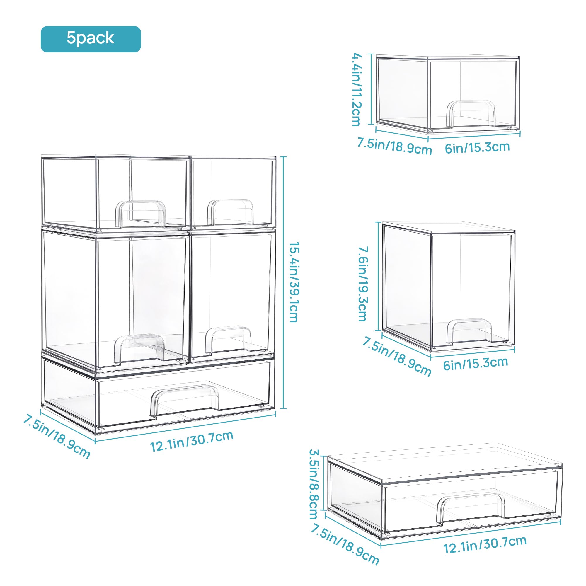 Vtopmart 5-Piece Clear Plastic Stackable Storage Drawers Set - Organizer Bins for Beauty Supplies, Makeup, Cosmetics | Perfect for Vanity, Bathroom, Cabinet, Pantry & Closet Organization (Space-Saving Home & Office Storage Solution)