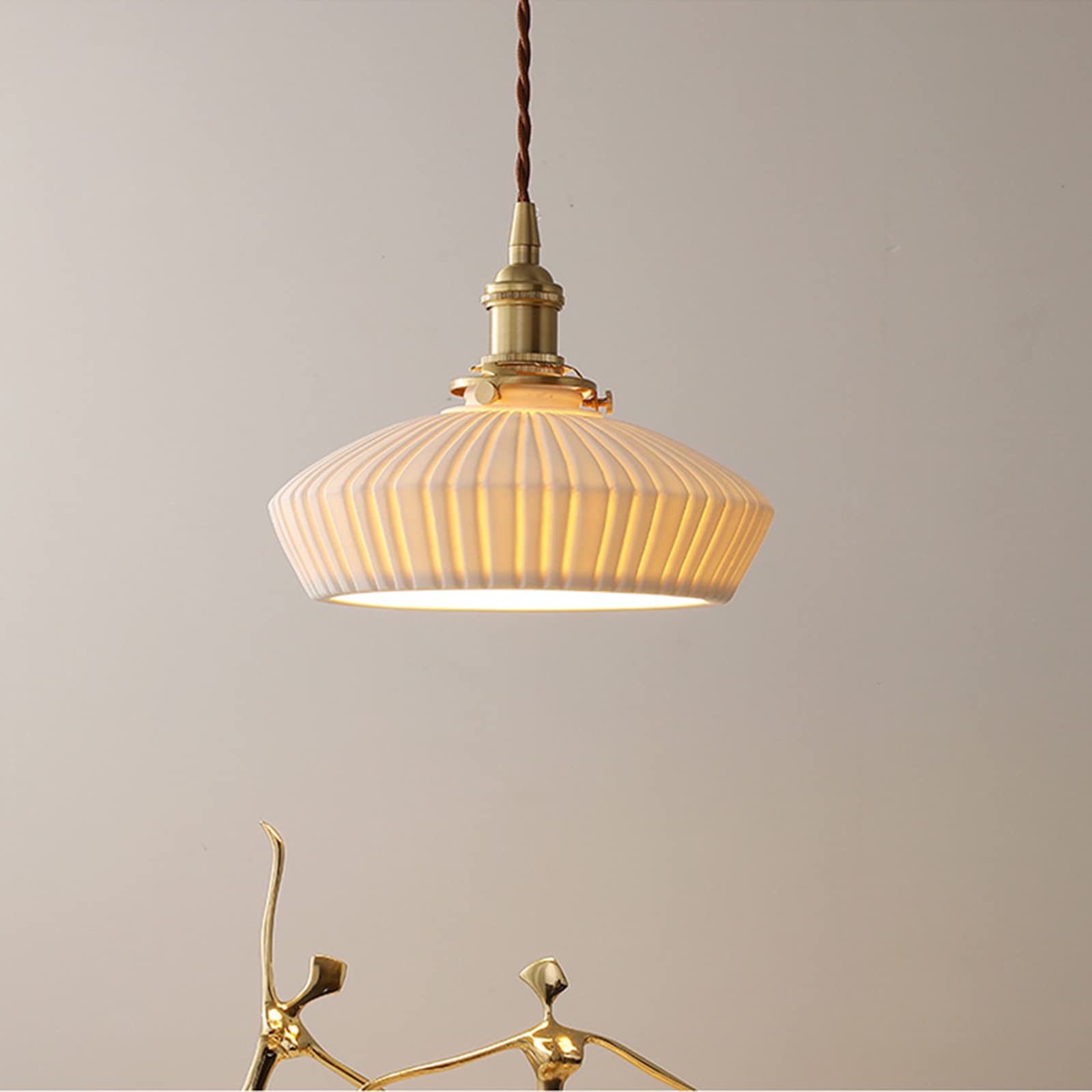 Vintage White Ceramic Pendant Light with Brass Socket & Switch - Mini Hanging Ceiling Lamp for Kitchen Island, Dining Room & Bedroom Lighting (TCS-A)