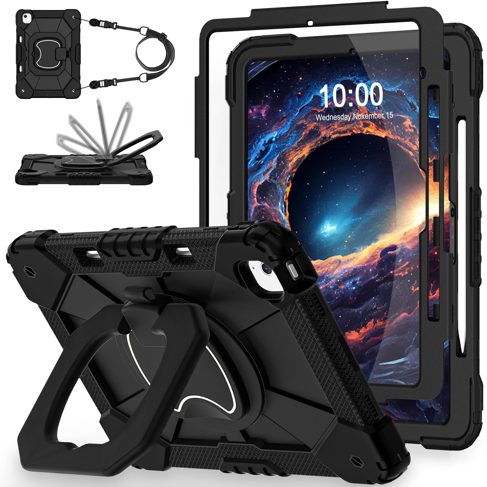 Premium Shockproof iPad Air 13 Inch Case (2024/2025 M3/M2 Models) - Military Grade Protection with Built-in Pencil Holder, Screen Protector & 360° Rotating Stand | Perfect for Work, Travel & Home Use | Black Protective Cover
