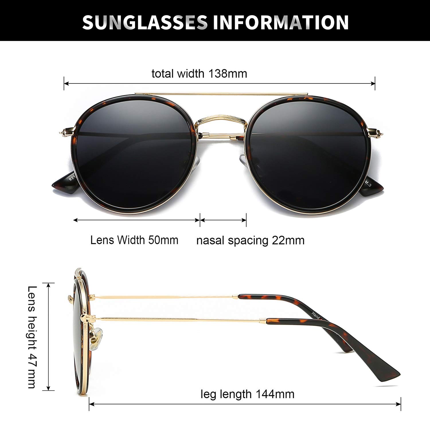 DUSHINE Small Round Double Bridge Polarized Sunglasses for Women & Men - 100% UV Protection - Fashionable & Lightweight for Driving, Beach, and Outdoor Activities